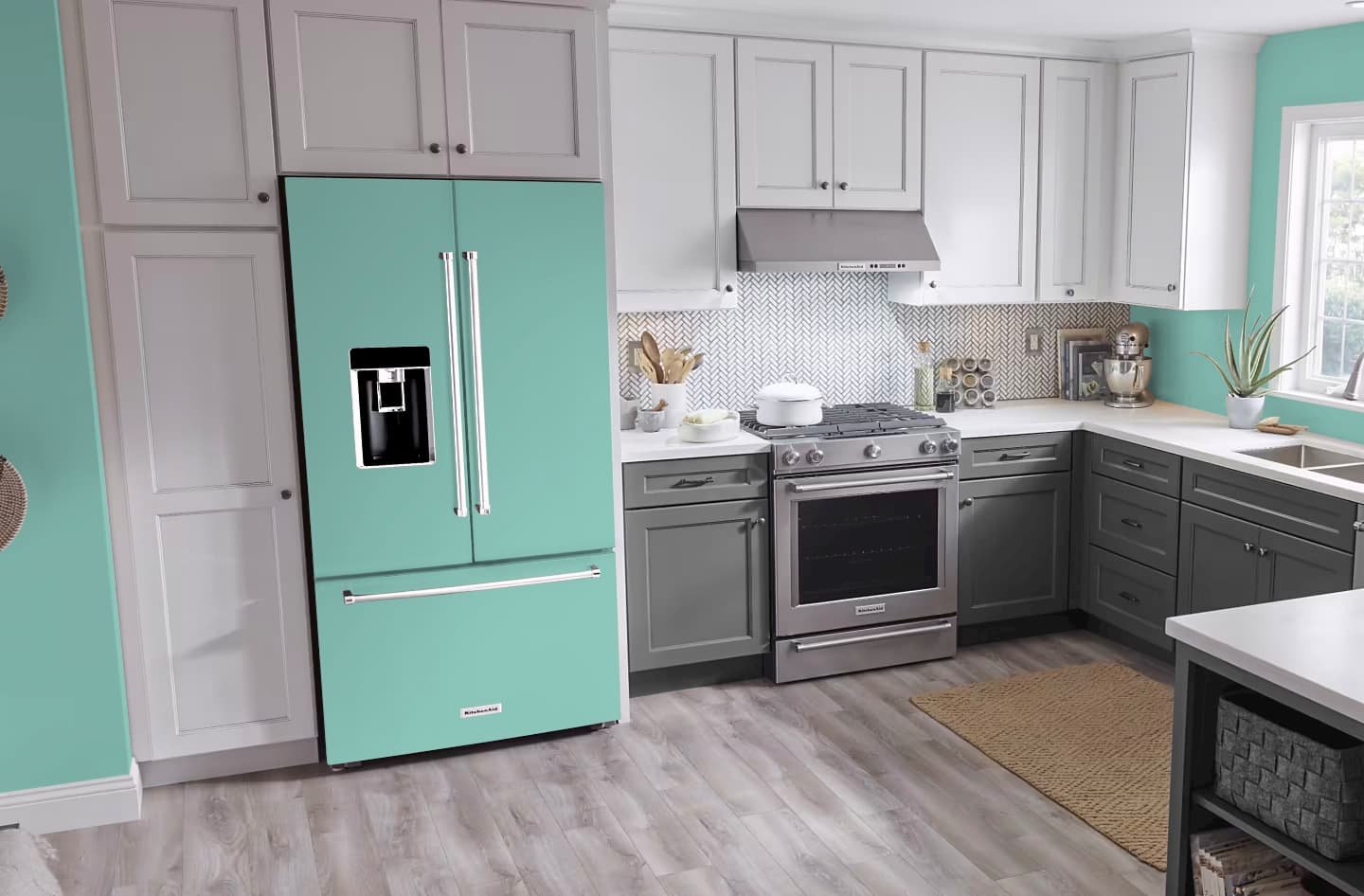 Mockup of our custom printed refrigerator vinyl wrap that matches Sherwin Williams Holiday Turquoise SW 0075 on a french door refrigerator in a modern neutral color kitchen