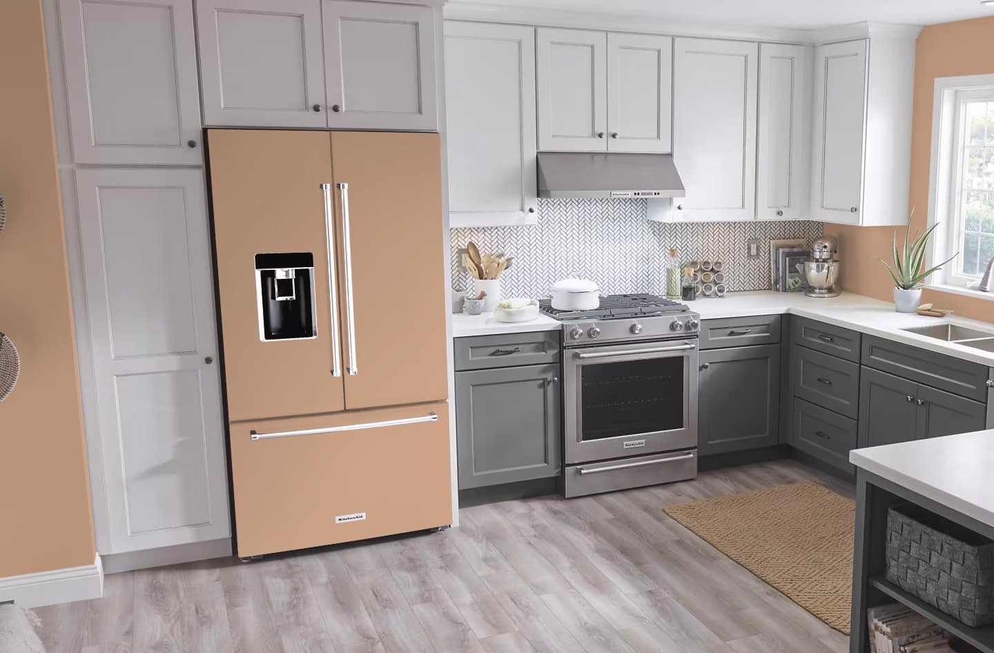 Mockup of our custom printed refrigerator vinyl wrap that matches Benjamin Moore Grazing Fawn 1220 on a french door refrigerator in a modern neutral color kitchen