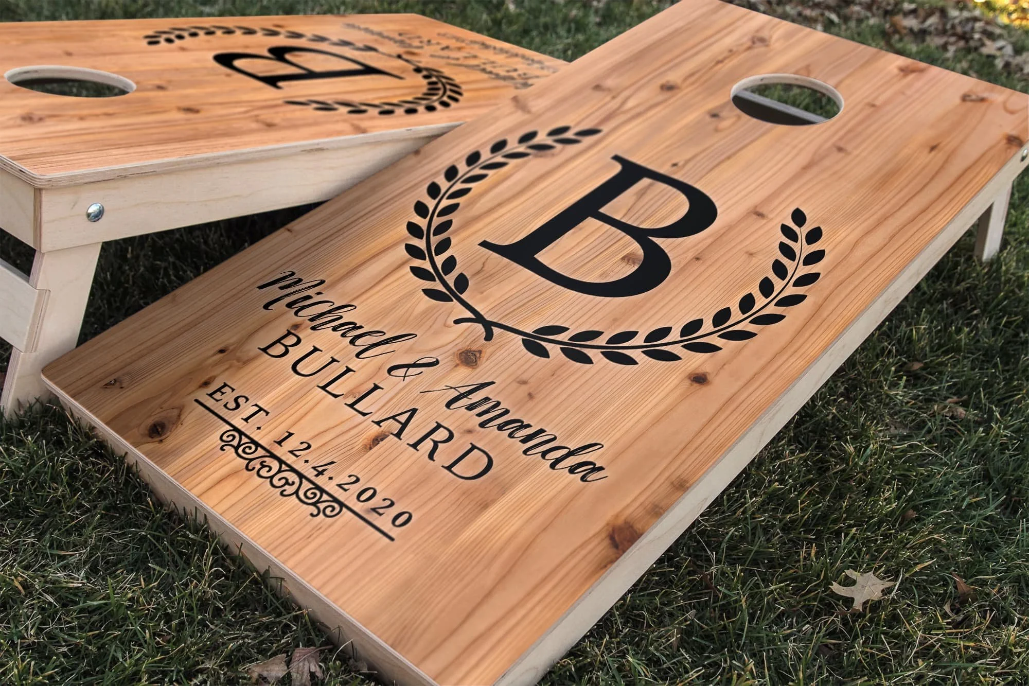 Pine Wood Wedding Anniversary personalized custom Cornhole board wrap sticker decal set