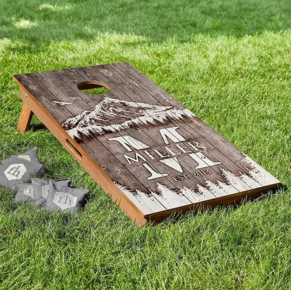 Rustic mountain monogram personalized custom Cornhole board wrap sticker decal set