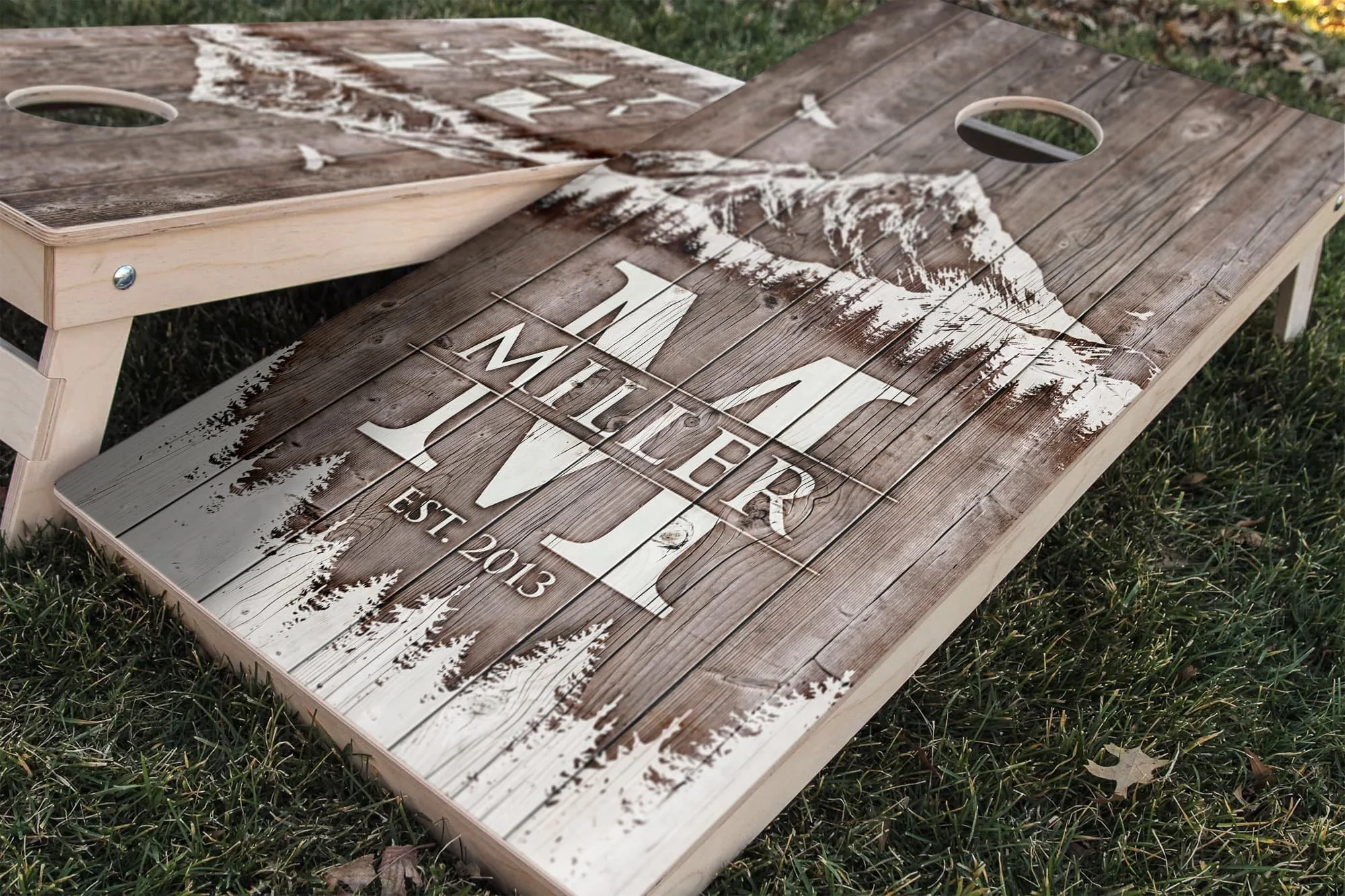 Rustic mountain monogram personalized custom Cornhole board wrap sticker decal set