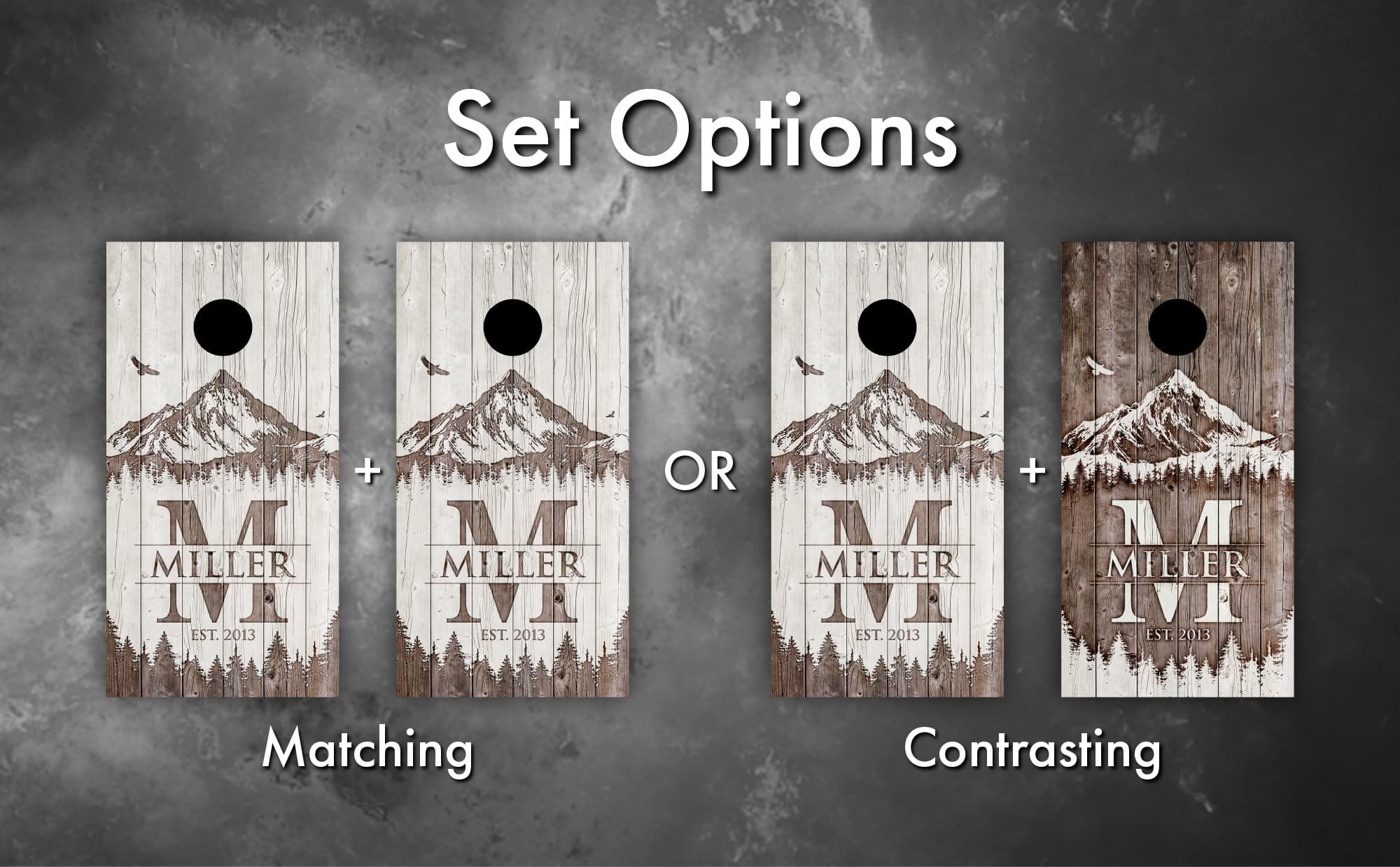 Whitewashed mountain monogram personalized custom Cornhole board wrap sticker decal set options