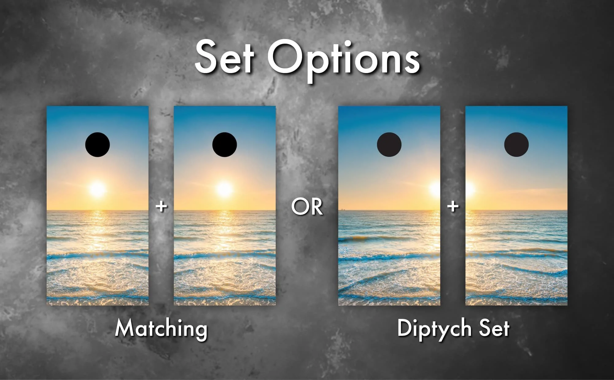 pastel yellow and blue sunrise over ocean waves Cornhole board wrap sticker decal set options