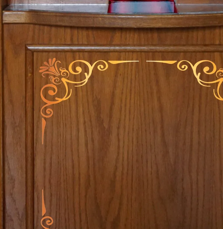 Ticket Booth Door Wrap with Red Curtain Gold Art