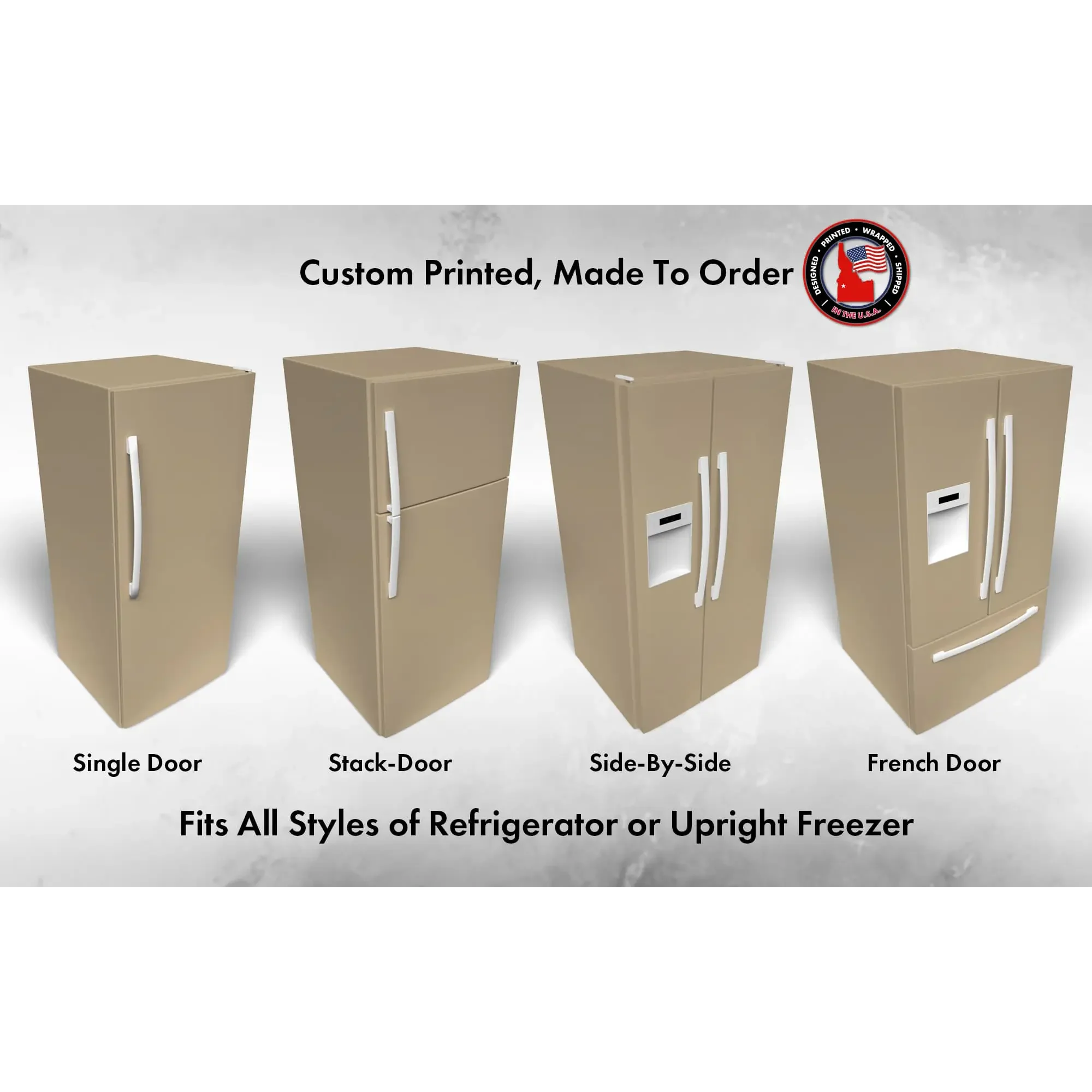 Several 3D models of different refrigerator styles shown in Outerbanks SW 7534 custom vinyl wrap color.