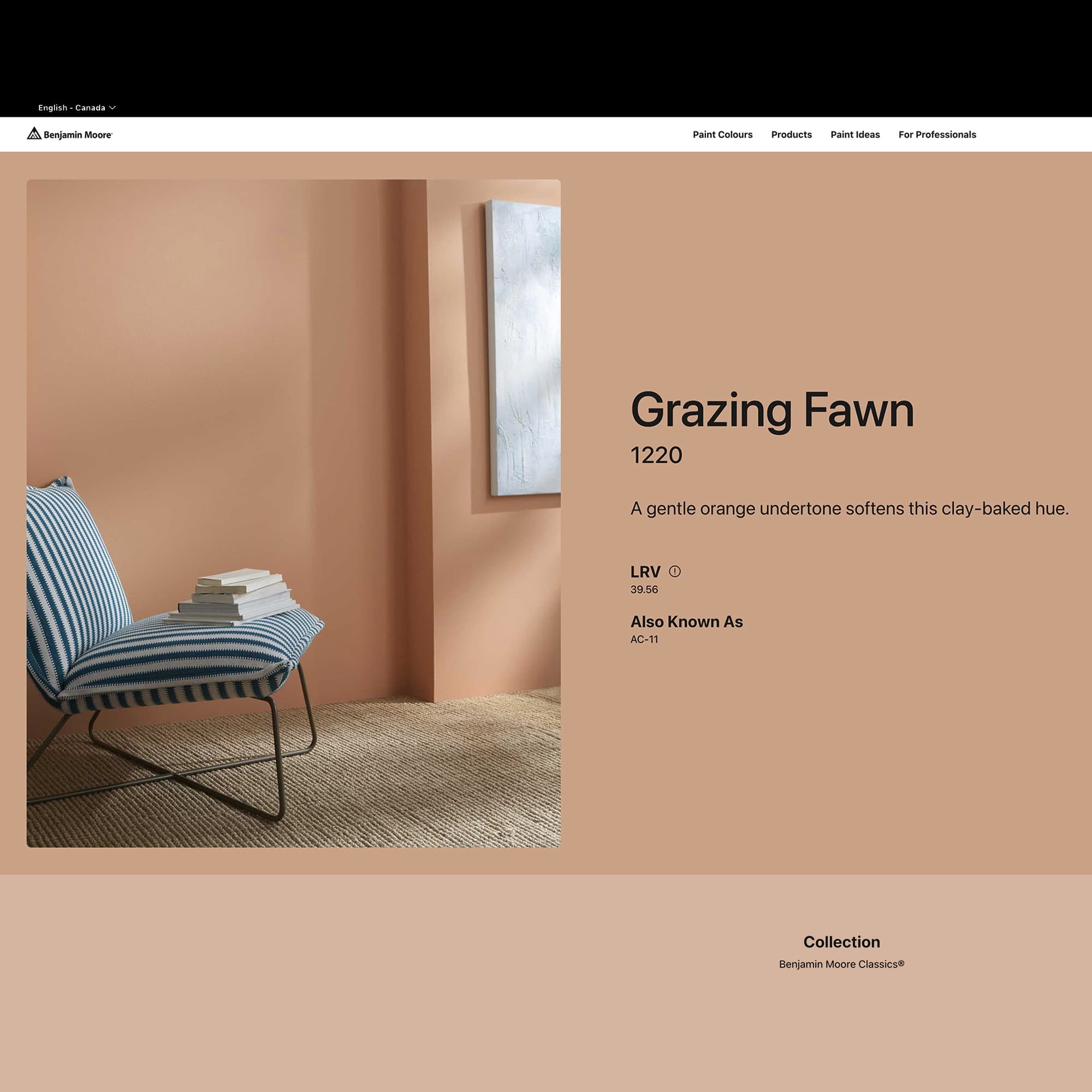 screenshot of this paint color on Benjamin Moore's website. Color shown is Grazing Fawn 1220