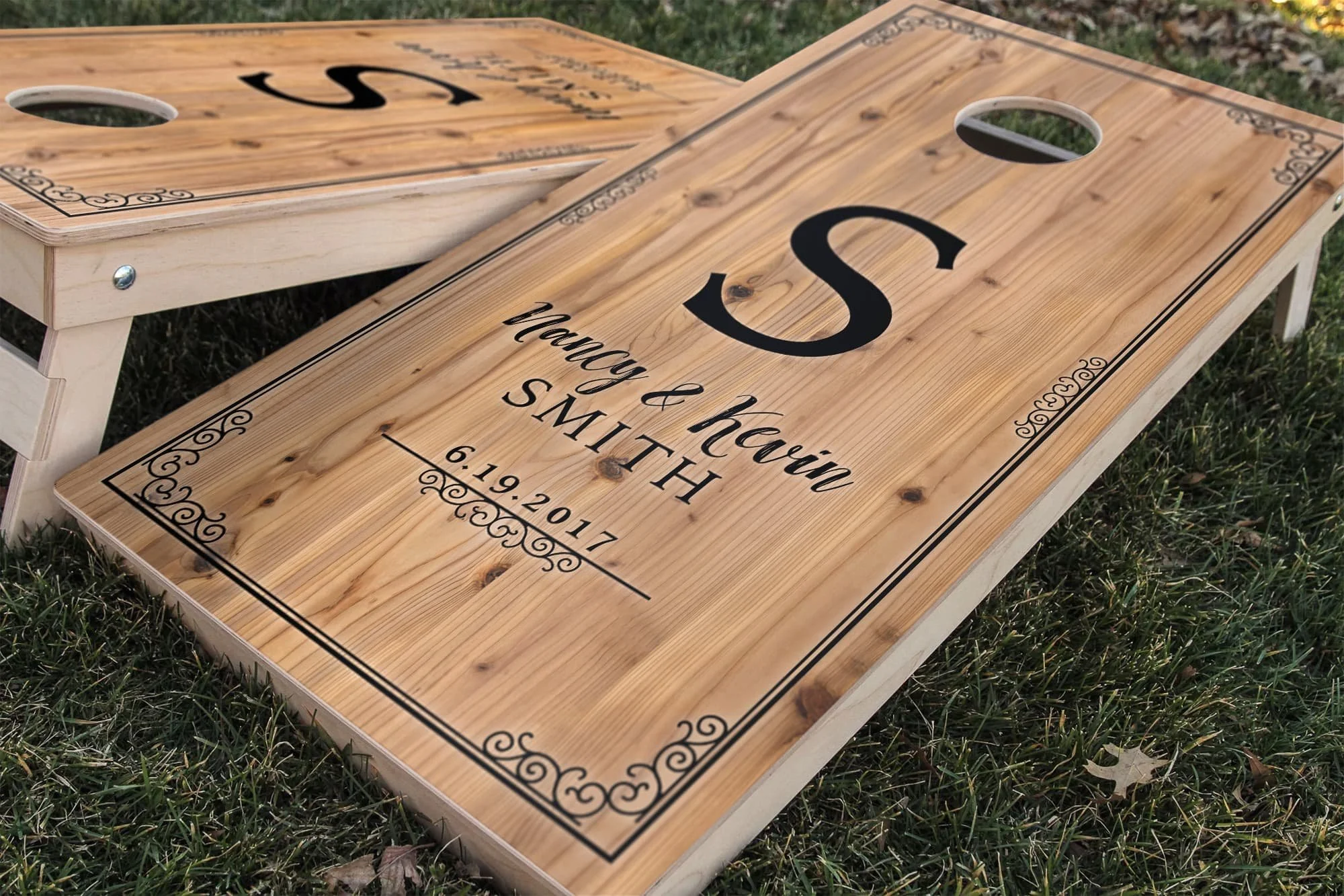 Pine Wood Wedding Anniversary personalized custom Cornhole board wrap sticker decal set