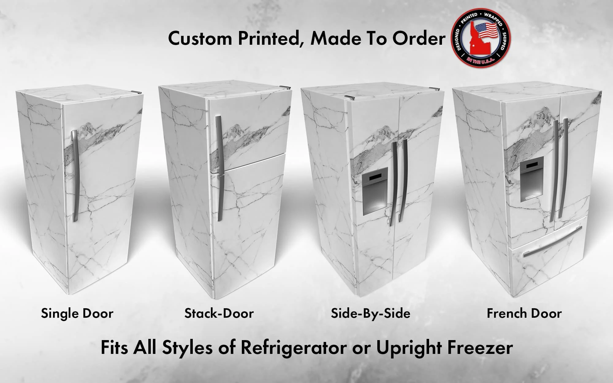 mockup of 4 different refrigerator styles all wrapped in our white Carrara marble graphic, showcasing how our wraps can fit almost any style of refrigerator.