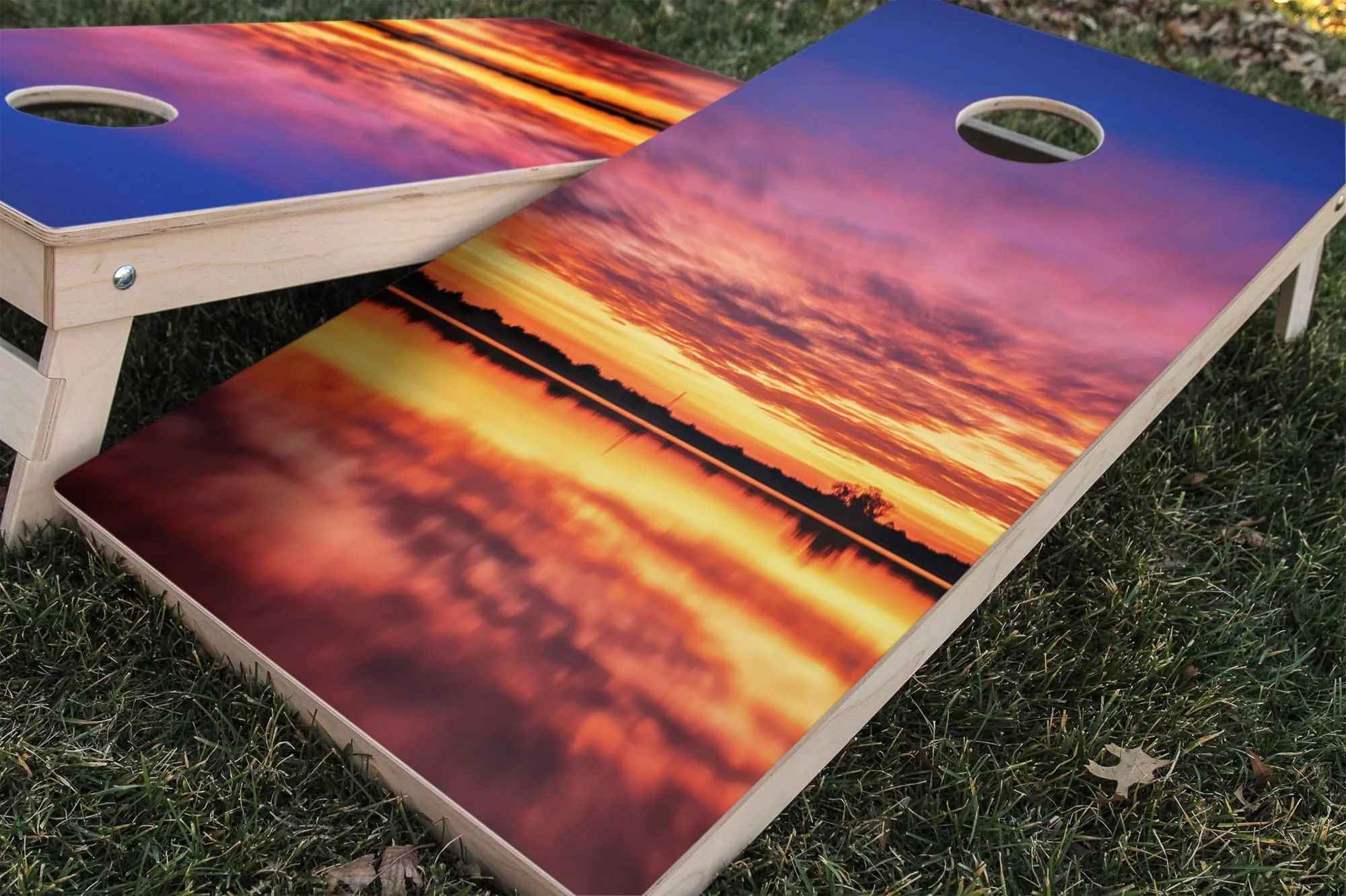 blue orange lake sunset photograph cornhole board wrap sticker decal set