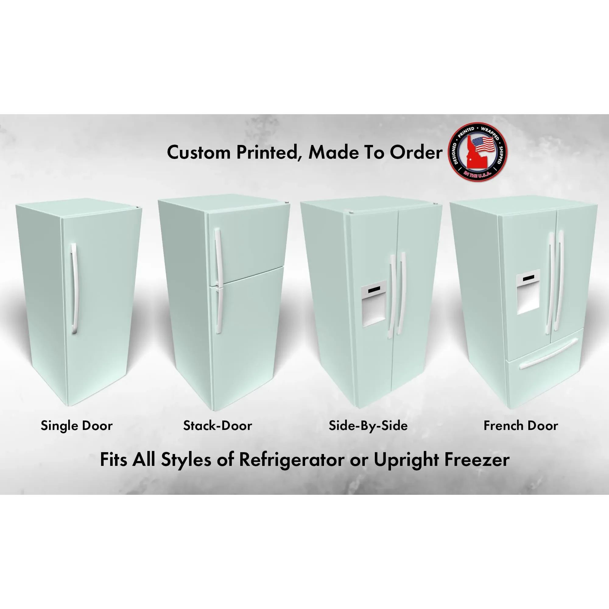 Several 3D models of different refrigerator styles shown in Behr Seaglass HDC-CT-26A custom vinyl wrap color.