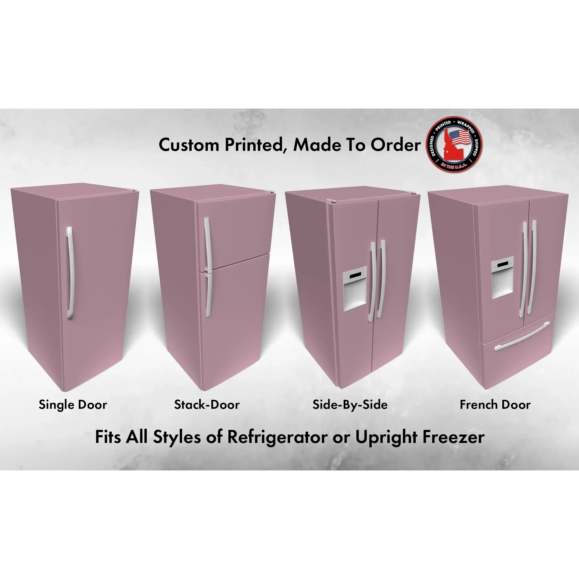 Several 3D models of different refrigerator styles shown in Rosé SW 6290 custom vinyl wrap color.