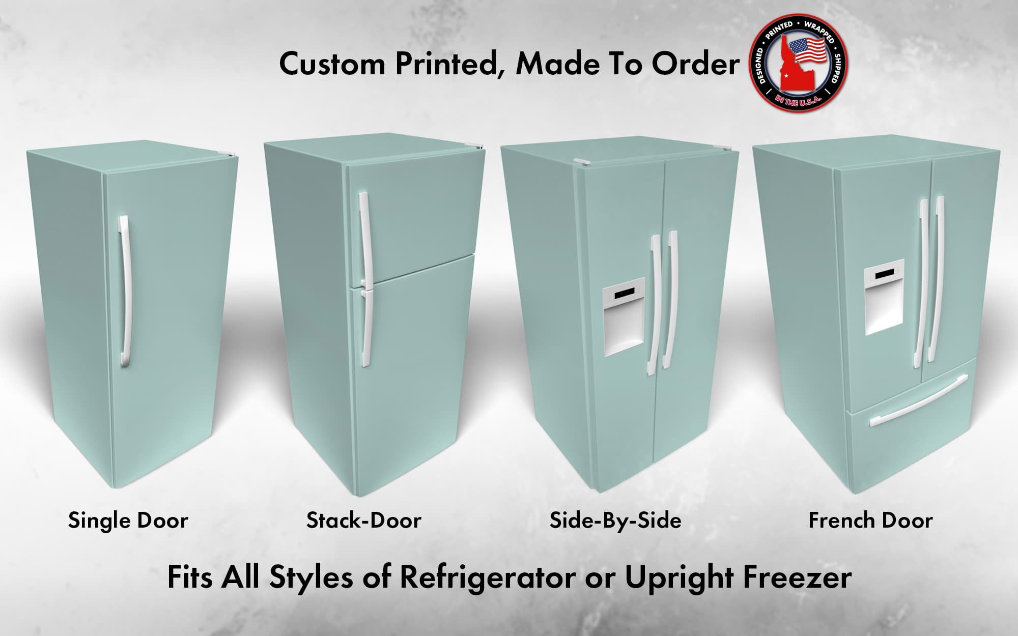 Several 3D models of different refrigerator styles shown in Aquaverde SW 9051 custom vinyl wrap color