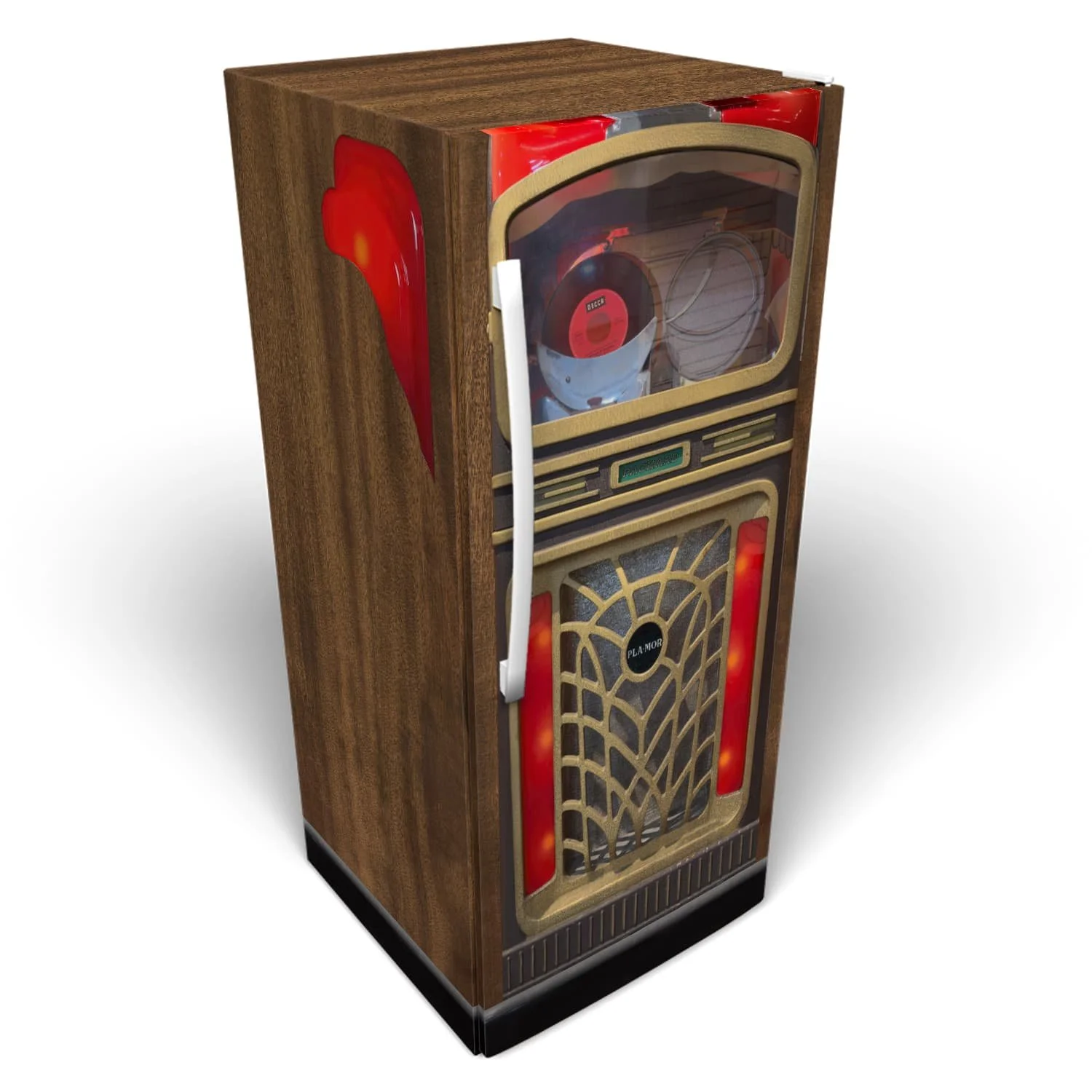 3d mockup of a standing freezer, covered in our custom-printed packard jukebox vinyl wrap.
