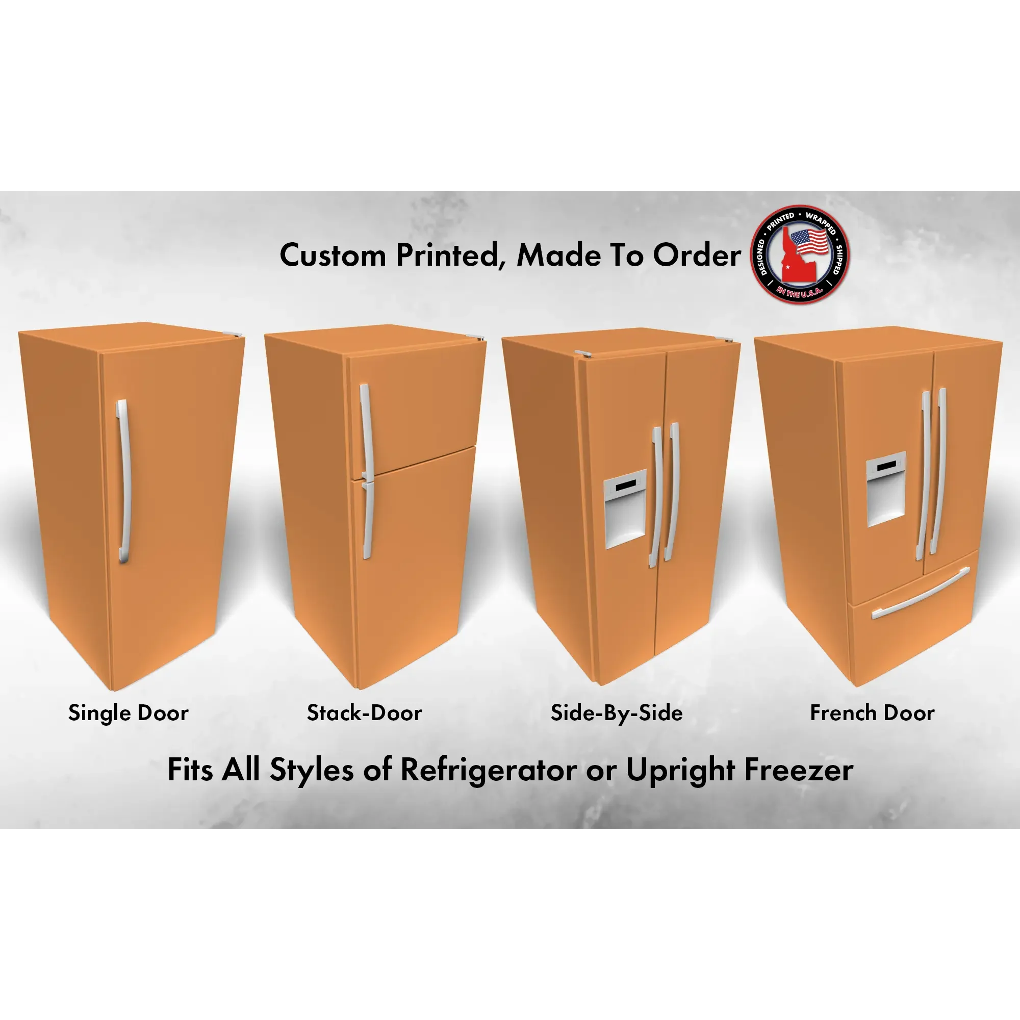 Several 3D models of different refrigerator styles shown in Yarrow SW 6669 custom vinyl wrap color.