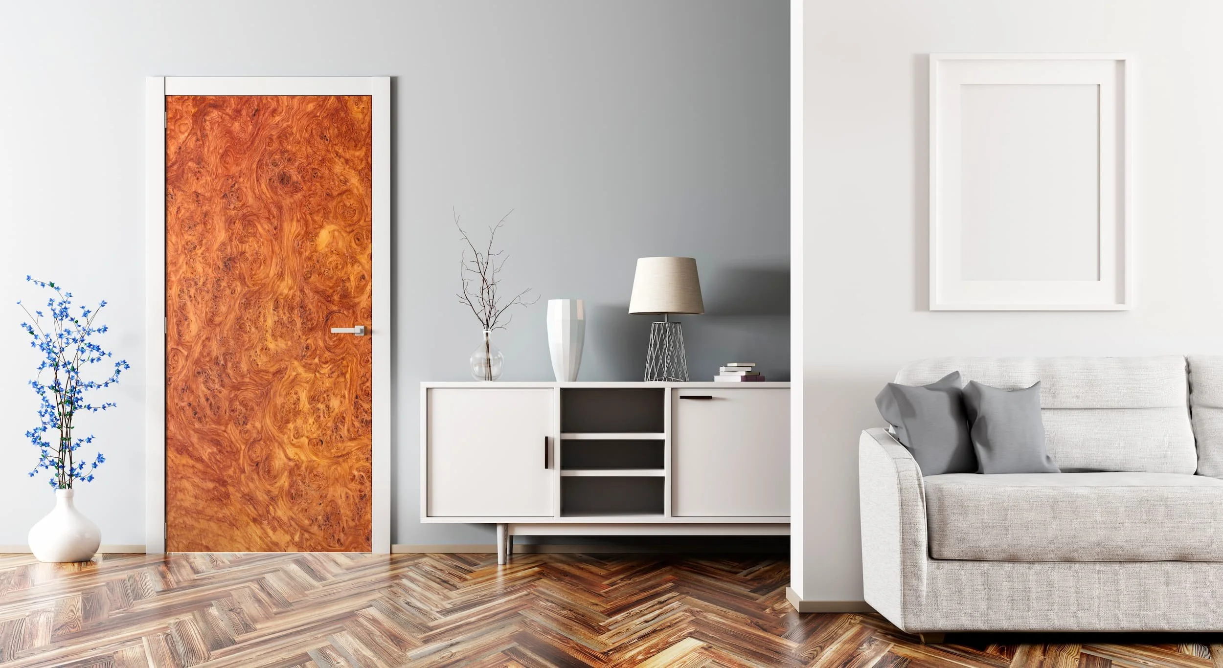 Mockup of a custom printed vinyl door wrap on a door in a contemporary living room. The graphic is a high resolution amboyna burl wood texture in a single slab configuration.