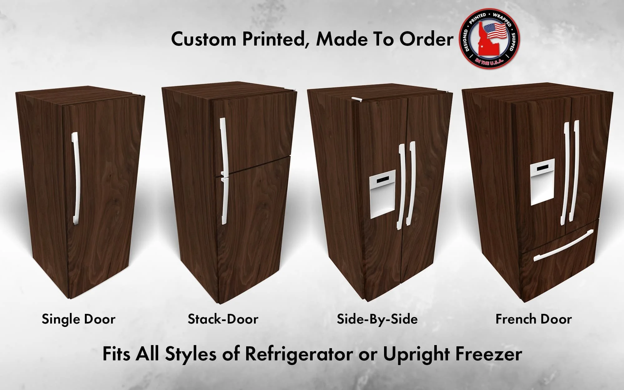 mockup of 4 different refrigerator styles all wrapped in our American walnut wood slab graphic, showcasing how our wraps can fit almost any style of refrigerator.