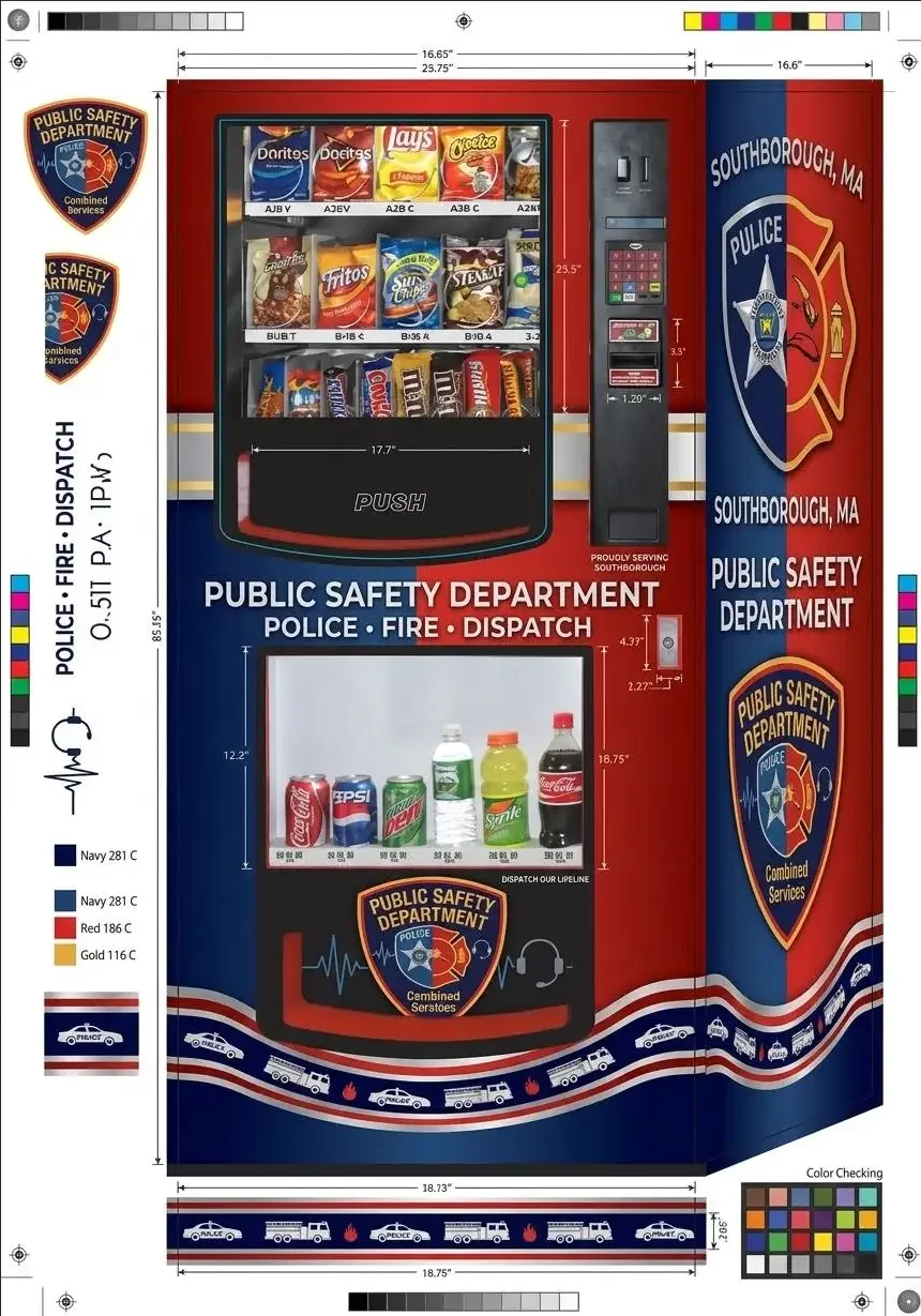 Technical design rendering of a Southborough, Massachusetts public safety department snack and beverage vending machine wrap featuring police, fire, and dispatch graphics, product shelves, dimensions, and color swatches.