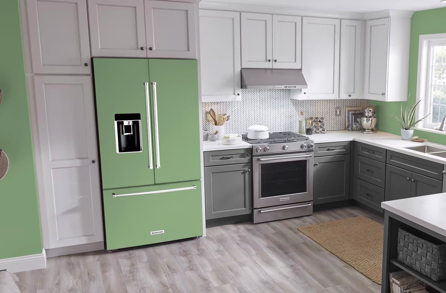 Mockup of our custom printed refrigerator vinyl wrap that matches Sherwin Williams Lounge Green SW 6444 on a french door refrigerator in a modern neutral color kitchen