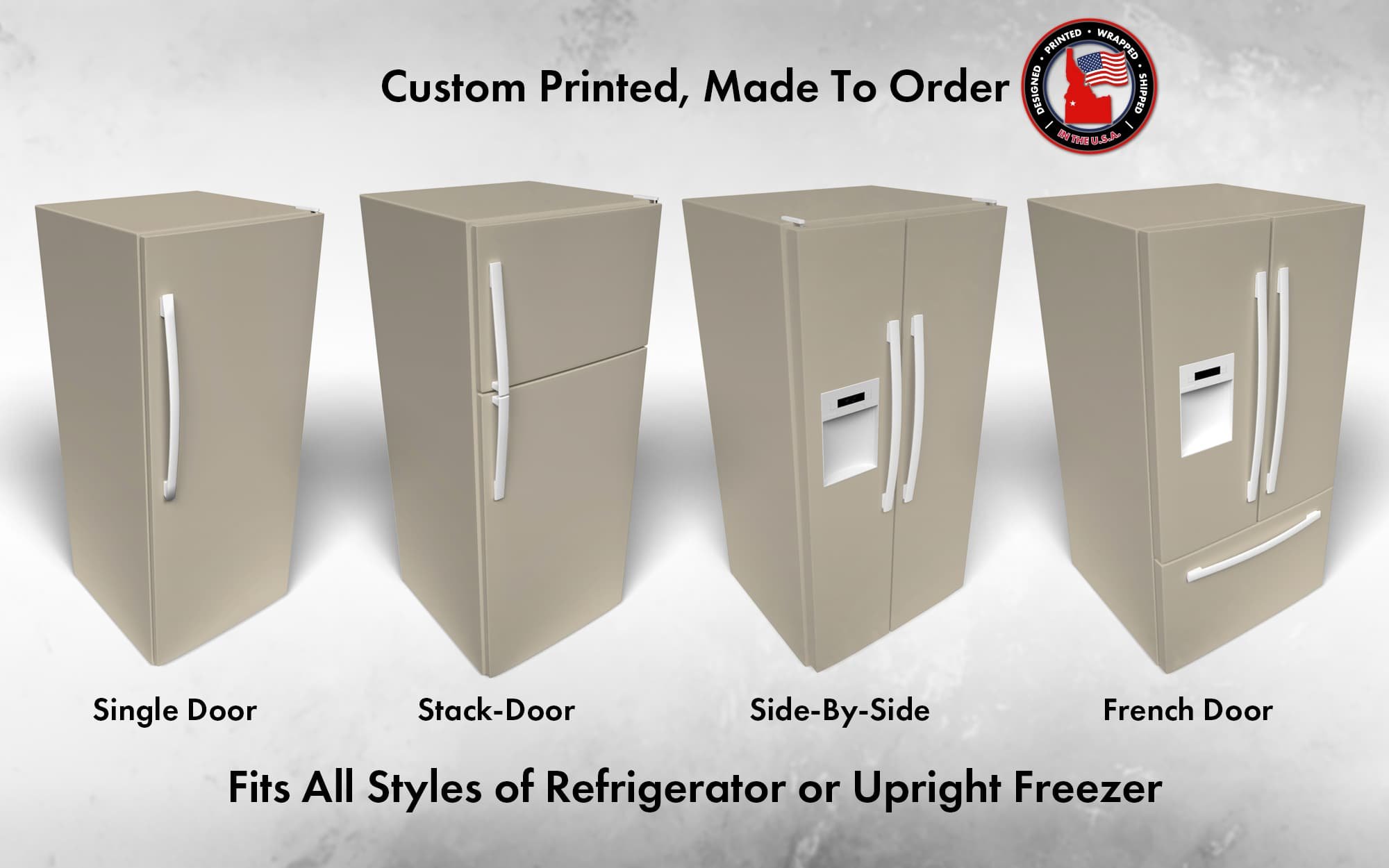 Several 3D models of different refrigerator styles shown in Outrigger SW 9517 custom vinyl wrap color.