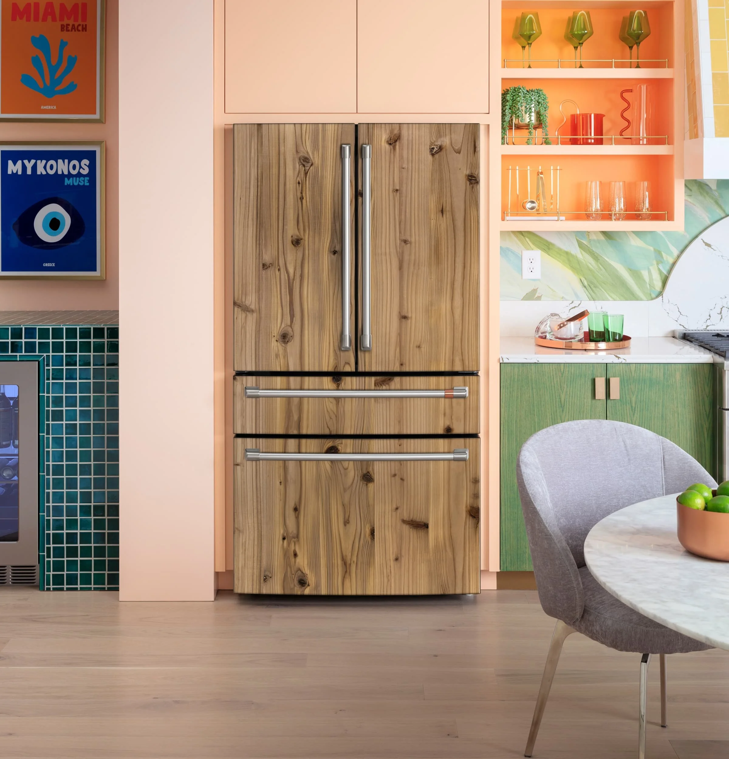 french door refrigerator in a kitchen covered in our knotty alder vinyl wrap.