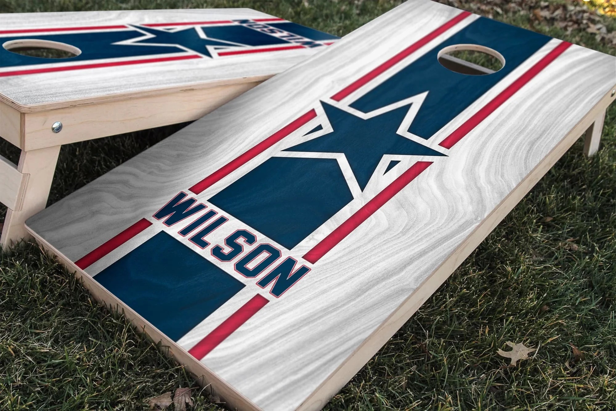 Personalized New England Patriots Colors (Away) custom wood Cornhole board wrap sticker decal set