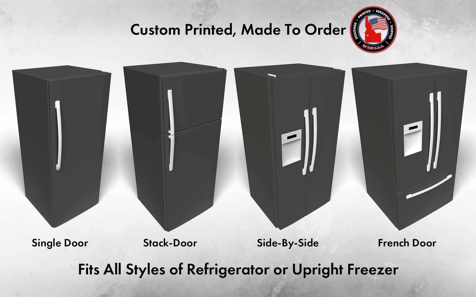 Several 3D models of different refrigerator styles shown in Iron Ore SW 7069 custom vinyl wrap color.
