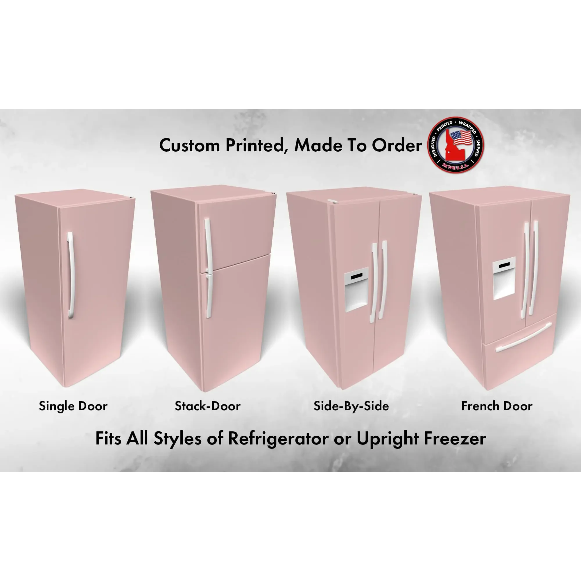 Several 3D models of different refrigerator styles shown in Sherwin Williams Appleblossom SW 0076 custom vinyl wrap color.