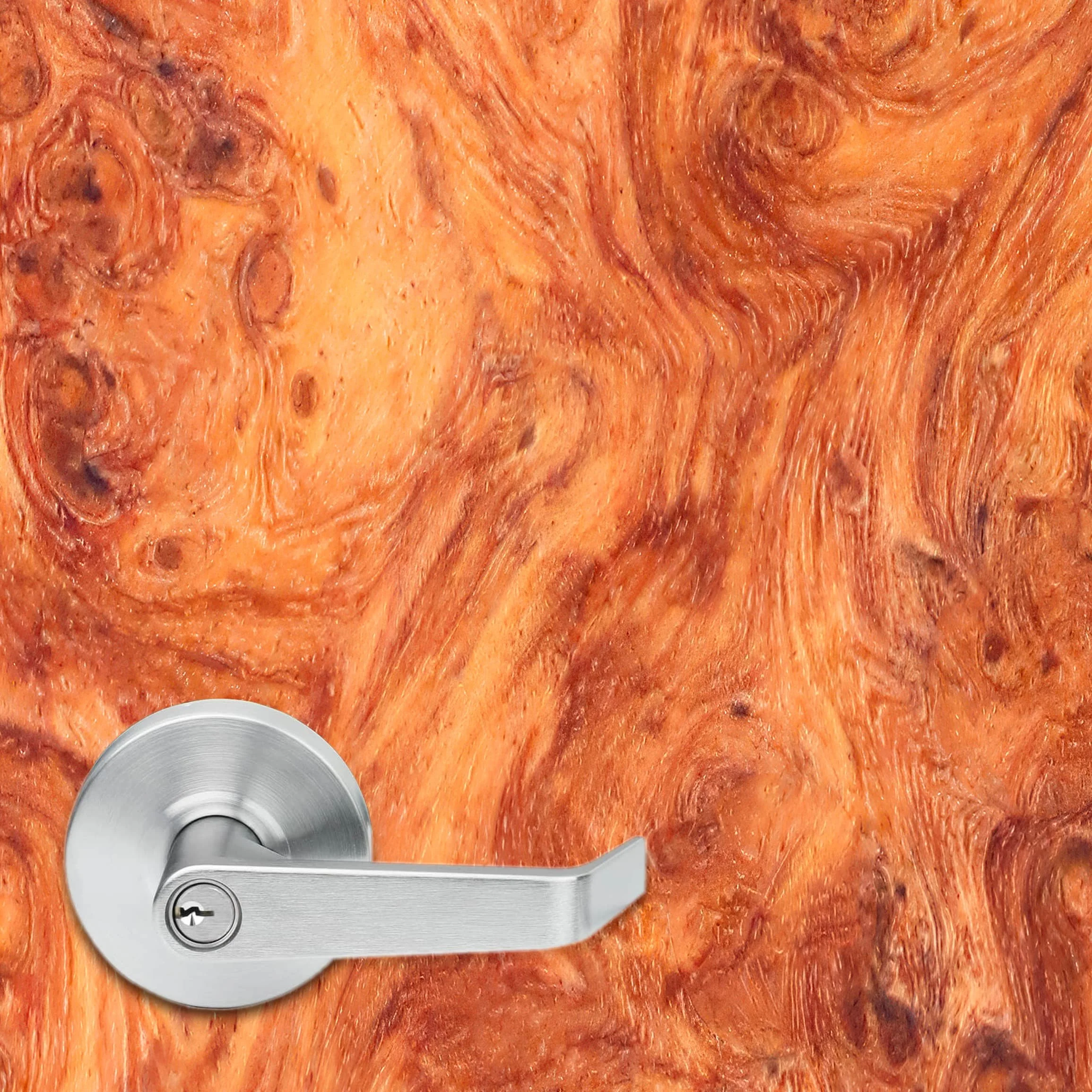 Close up of a high resolution amboyna burl wood texture vinyl door wrap. A typical 5.375" office door handle is shown to give a sense of scale and to show the detailing in the wood texture.