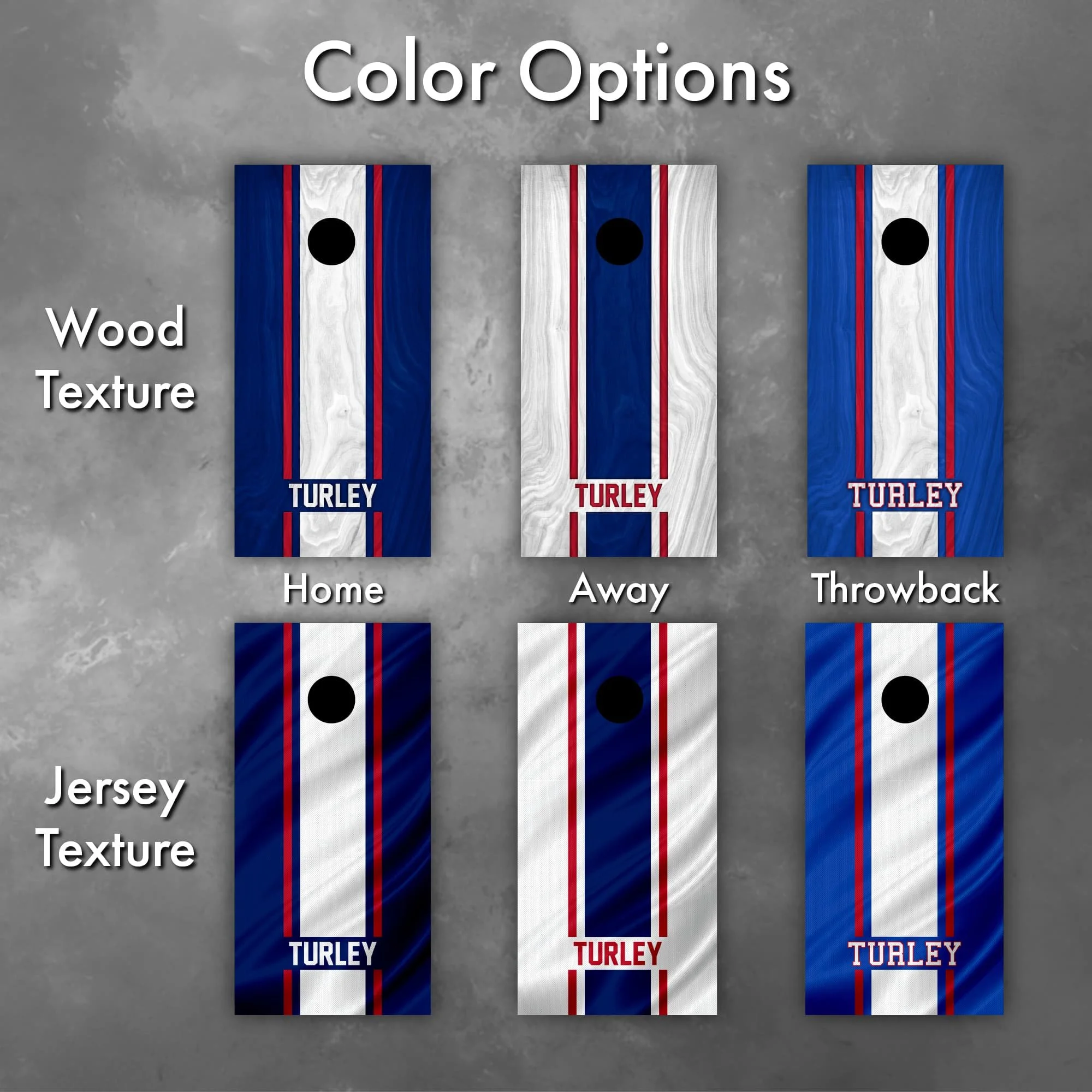 6 color and graphic texture options for our New York Giants-themed custom personalized cornhole board vinyl wrap decals