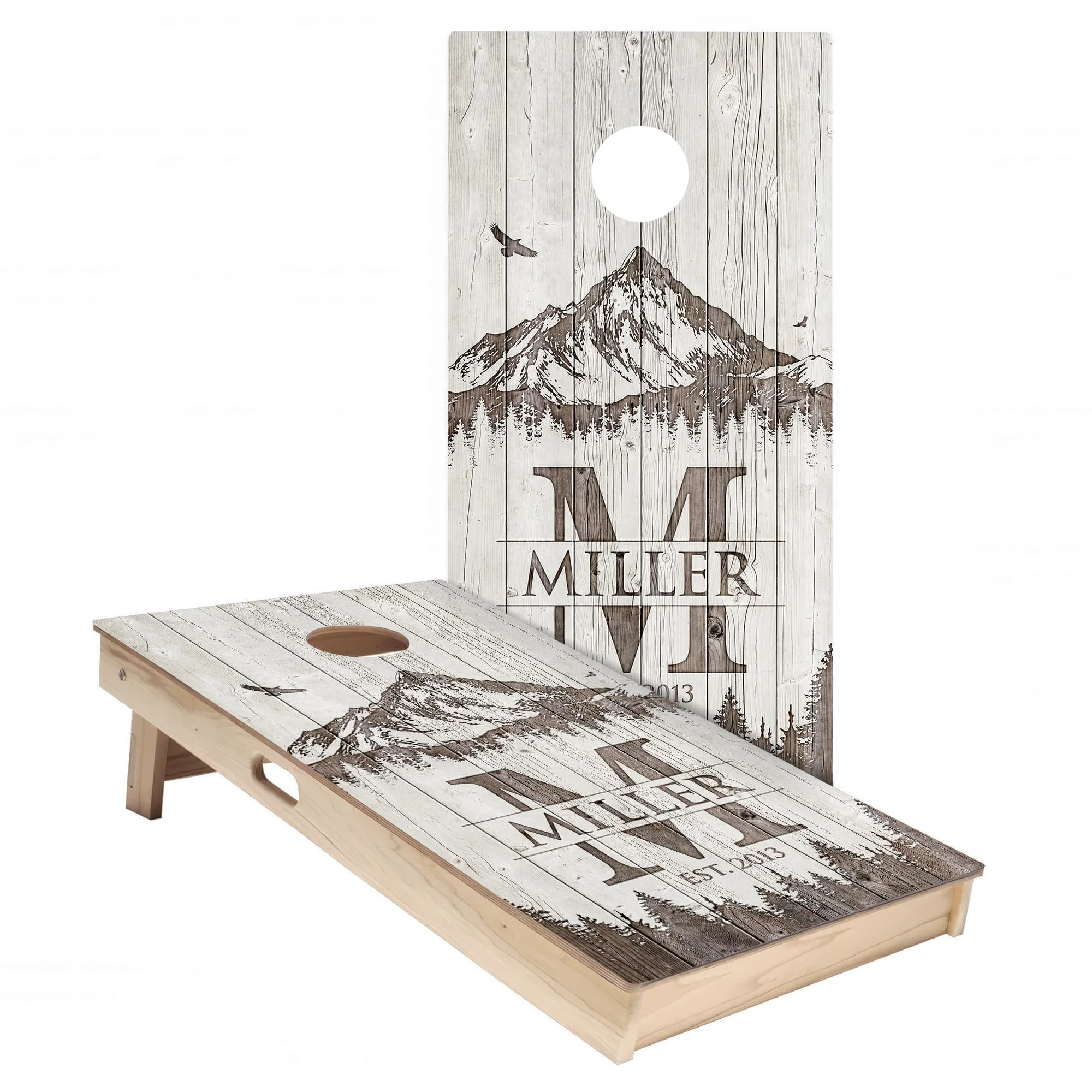 Whitewashed mountain monogram personalized custom Cornhole board wrap sticker decal set
