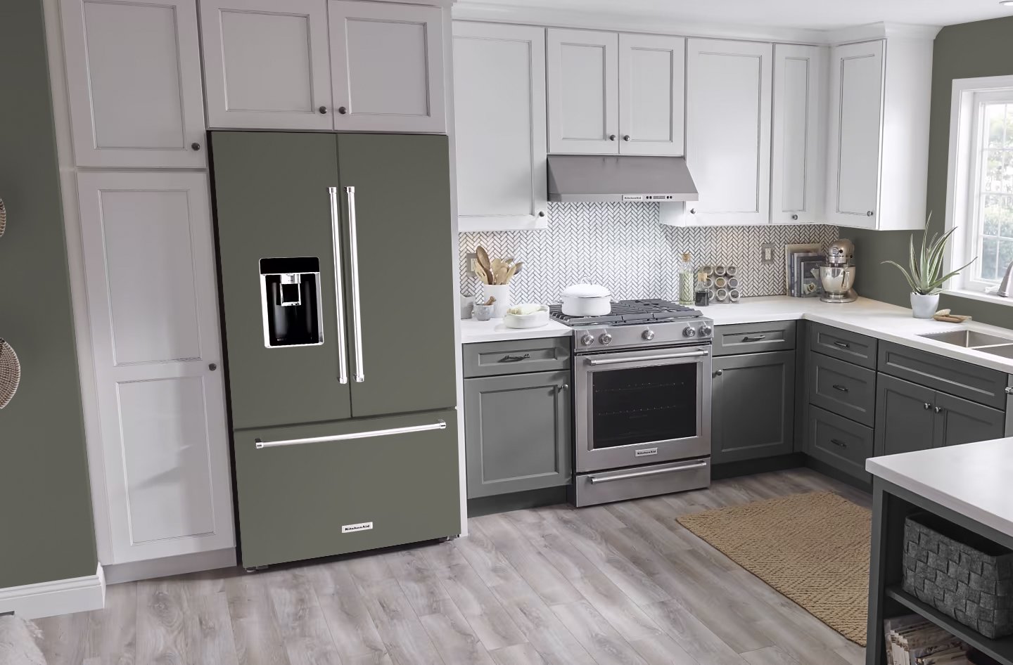 Mockup of our custom printed refrigerator vinyl wrap that matches Sherwin Williams Thunderous SW 6201 on a french door refrigerator in a modern neutral color kitchen