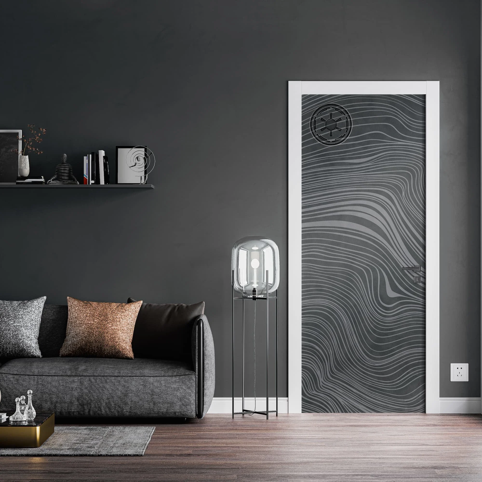 mockup of our beskar ingot door wrap with empire stamp in a contemporary living room.