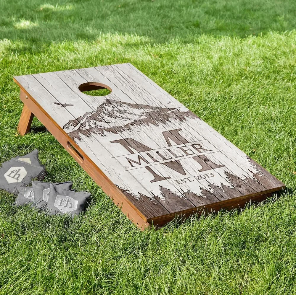 Whitewashed mountain monogram personalized custom Cornhole board