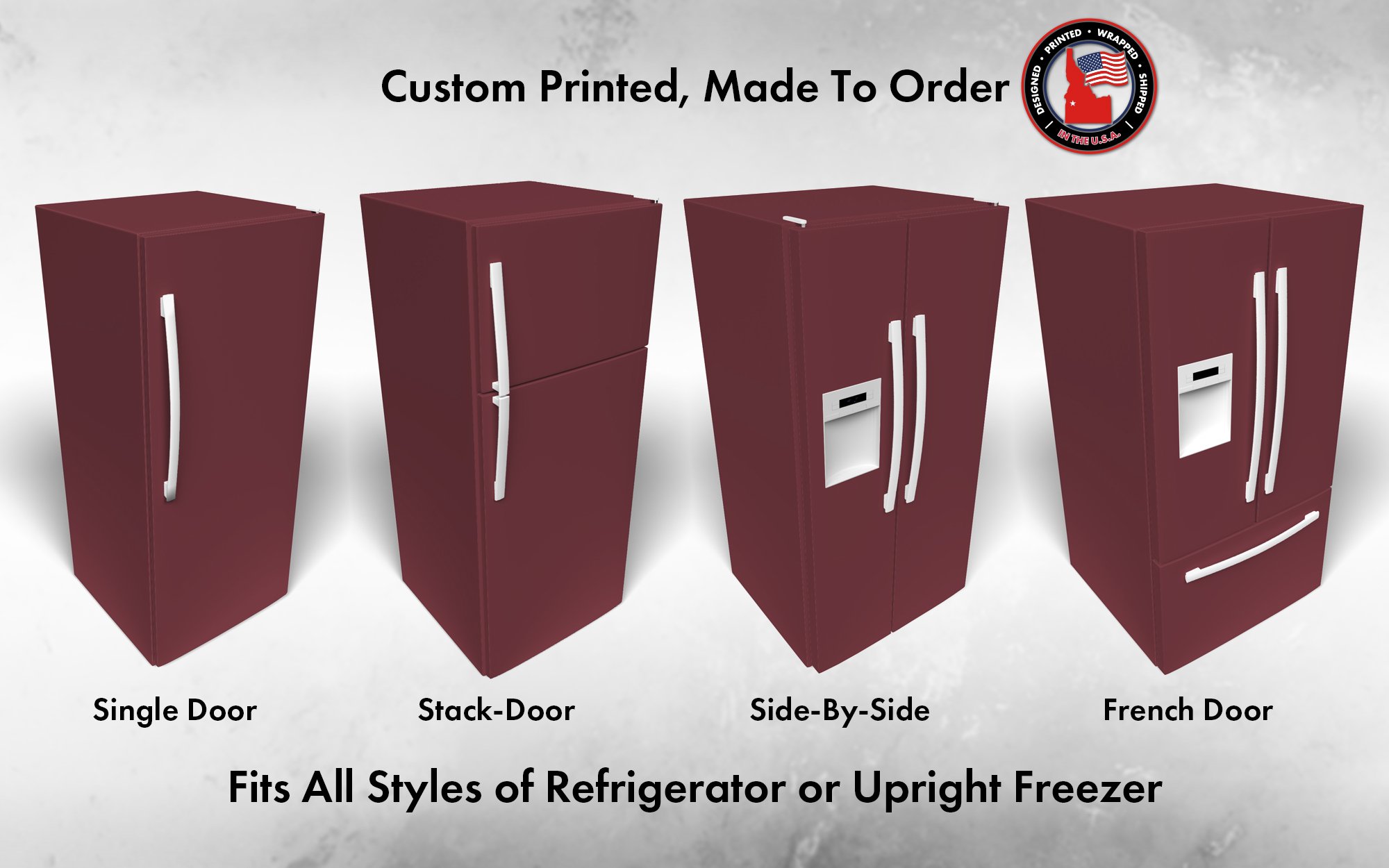 Several 3D models of different refrigerator styles shown in Sherwin Williams Borscht SW 7578 custom vinyl wrap color.