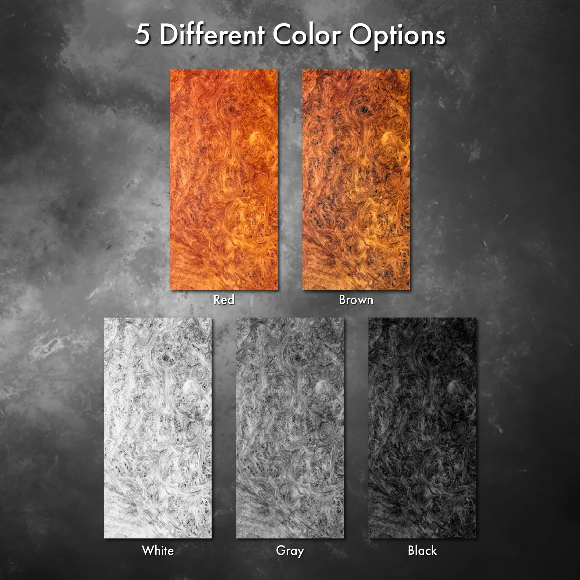 our 5 color options of our amboyna burl wood custom-printed door wrap.