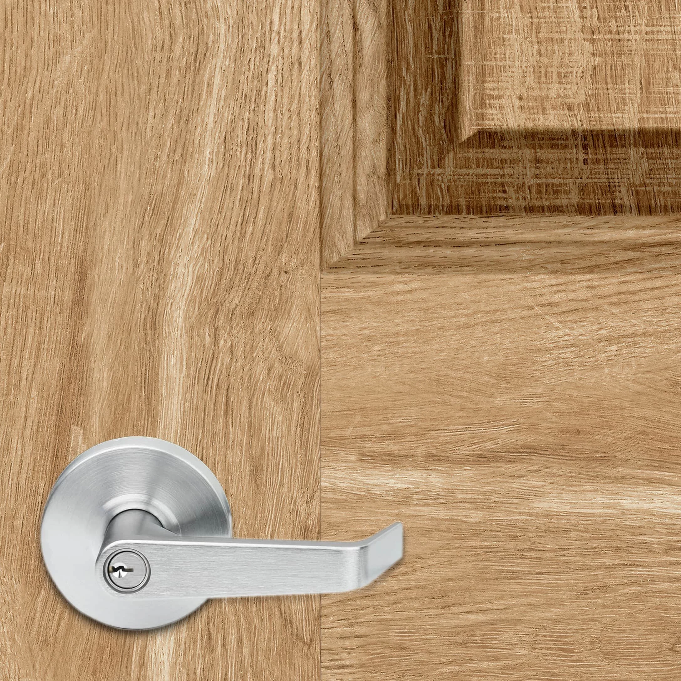 Close up of a high resolution rough sawn oak texture vinyl door wrap. A typical 5.375" office door handle is shown to give a sense of scale and to show the detailing in the wood texture.