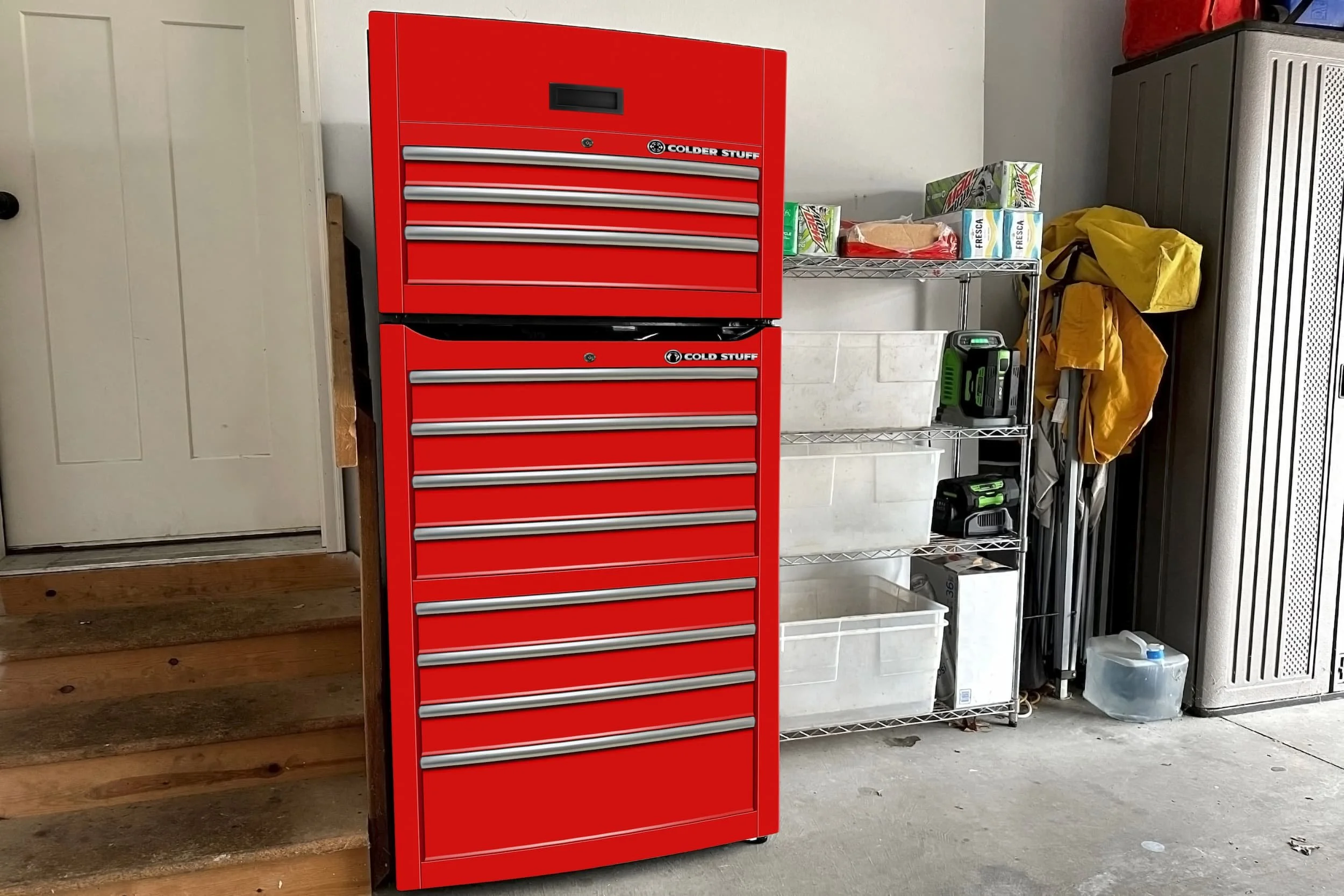 our red toolbox custom-printed graphic vinyl wrap on a stack-door refrigerator in a typical garage