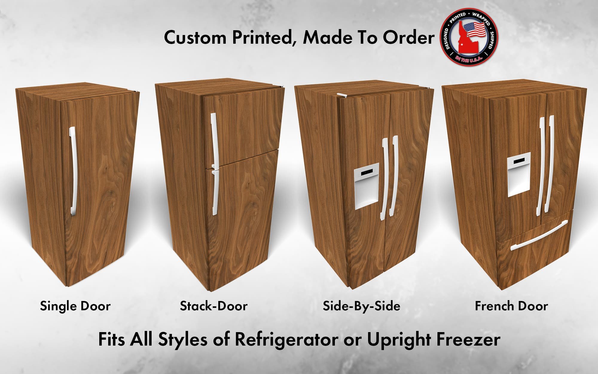 mockup of 4 different refrigerator styles all wrapped in our Early American walnut wood slab graphic, showcasing how our wraps can fit almost any style of refrigerator.