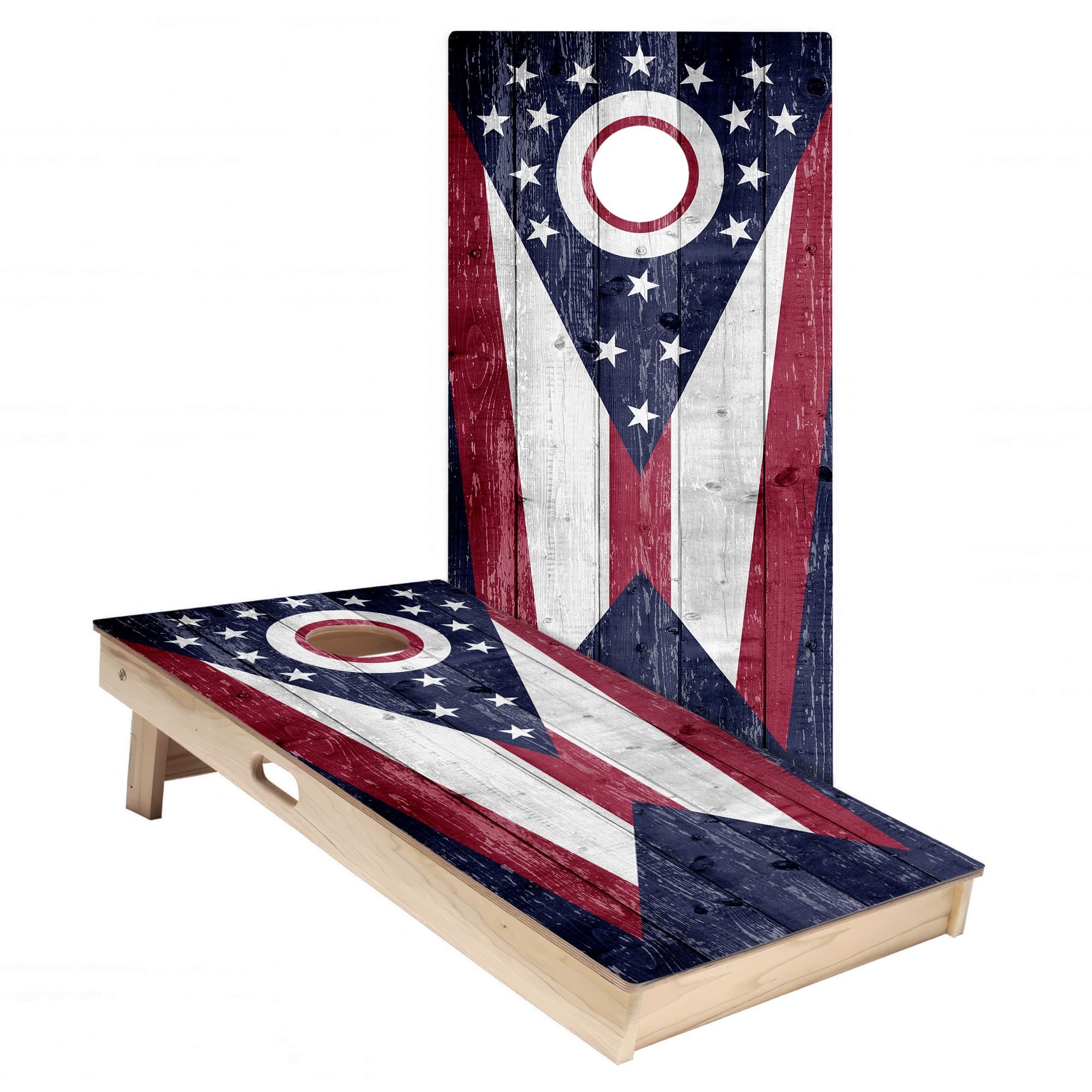 rustic wood Ohio state flag cornhole board vinyl wrap decal skin set