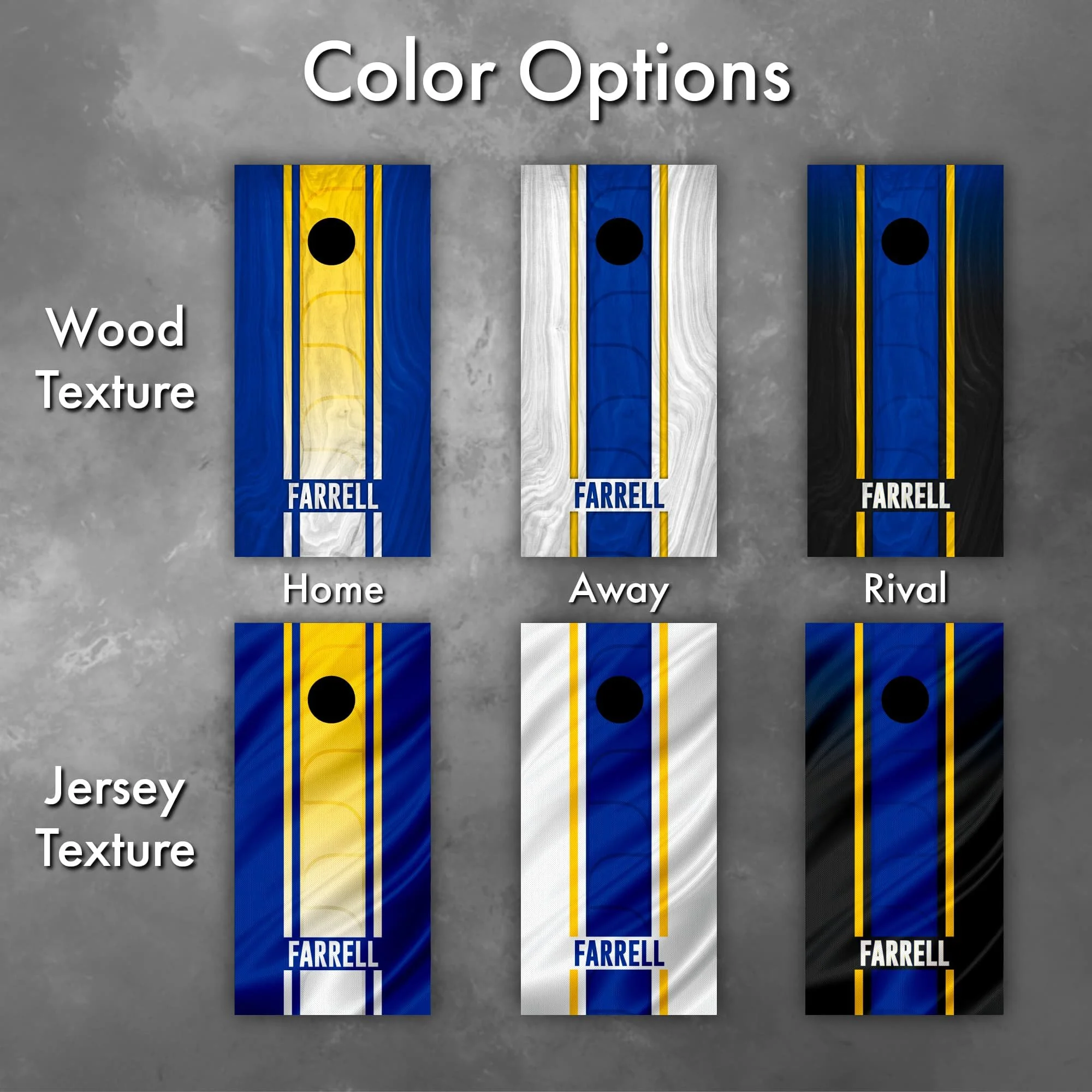 6 color and graphic texture options for our Los Angeles Rams-themed custom personalized cornhole board vinyl wrap decals (Copy) (Copy)