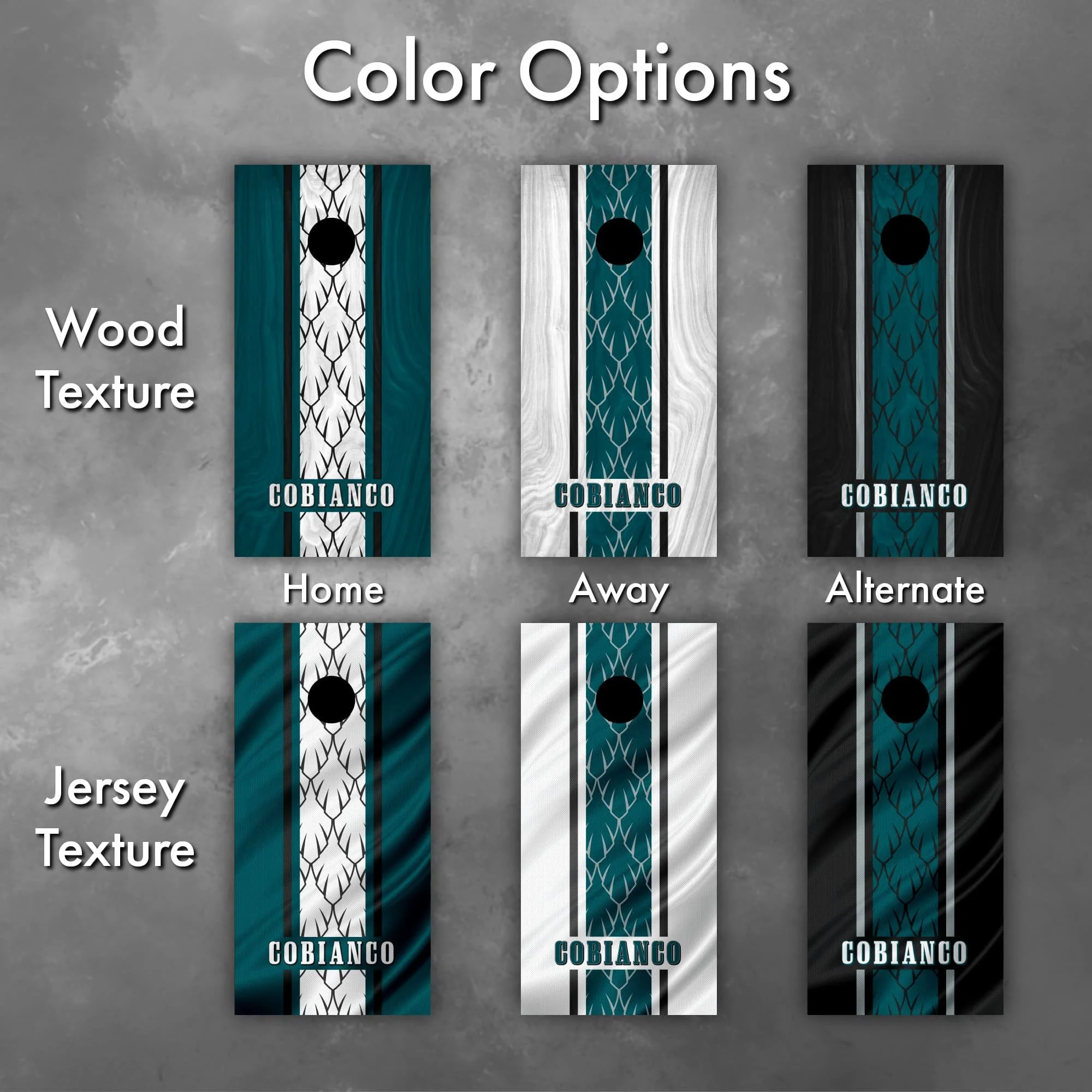 6 color and graphic texture options for our Philadelphia Eagles-themed custom personalized cornhole board vinyl wrap decals (Copy) (Copy)