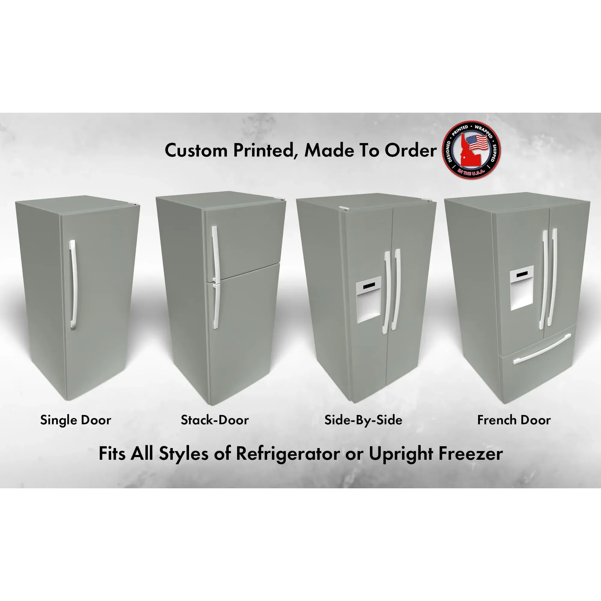 Several 3D models of different refrigerator styles shown in Acacia Haze SW 9132 custom vinyl wrap color.