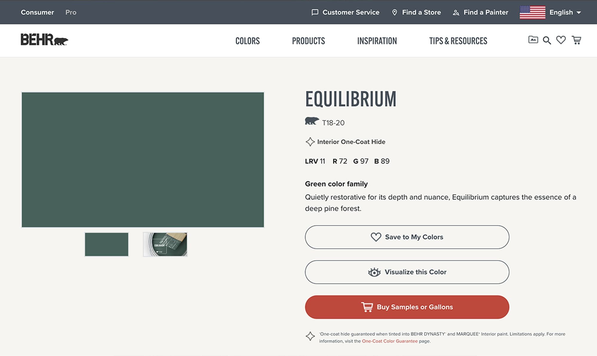 screenshot of this paint color on Behr's website. Color shown is Equilibrium T18-20