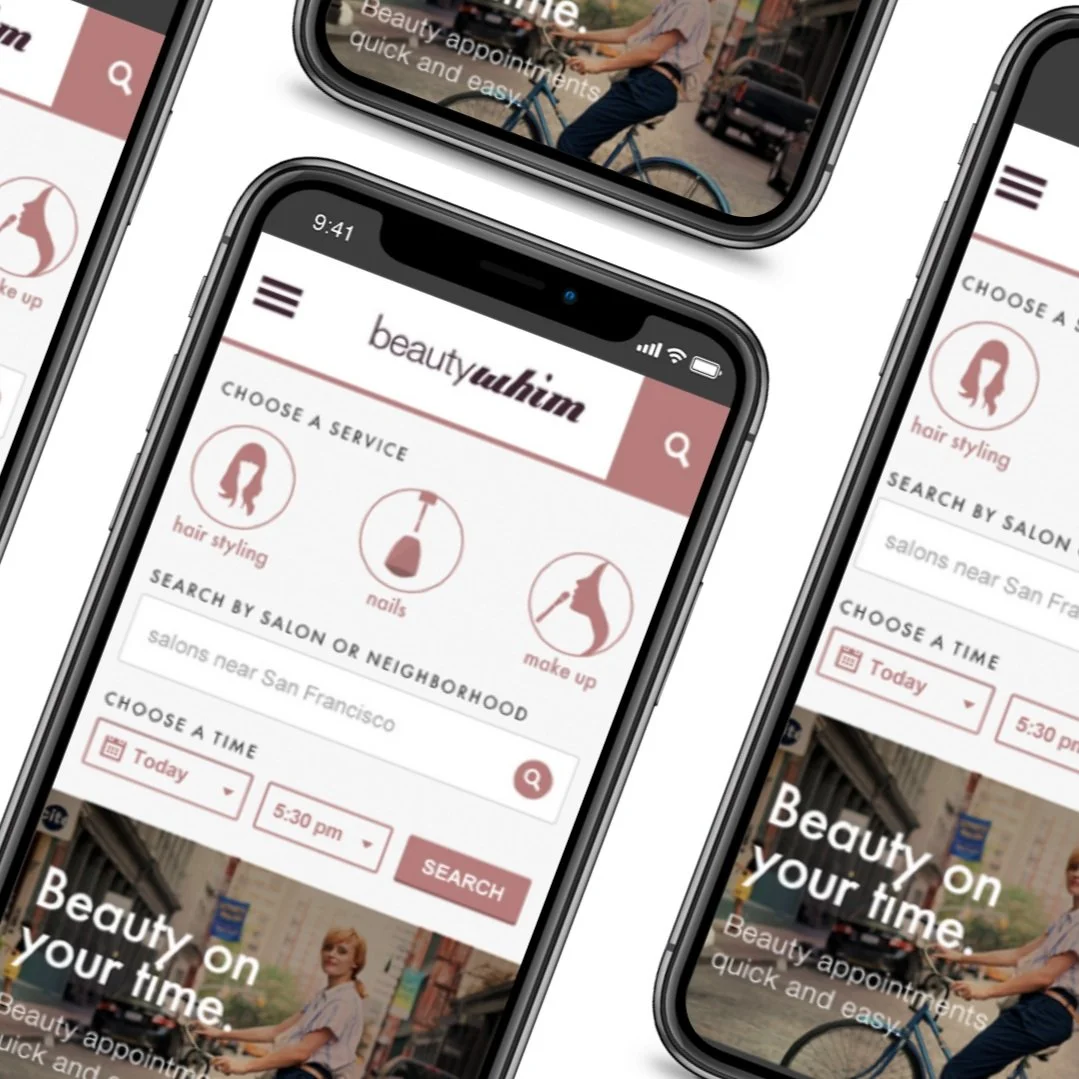 Screenshots of a mobile app interface for booking beauty services, showing options for hair styling, nails, and makeup, with search filters for salon location and appointment time.