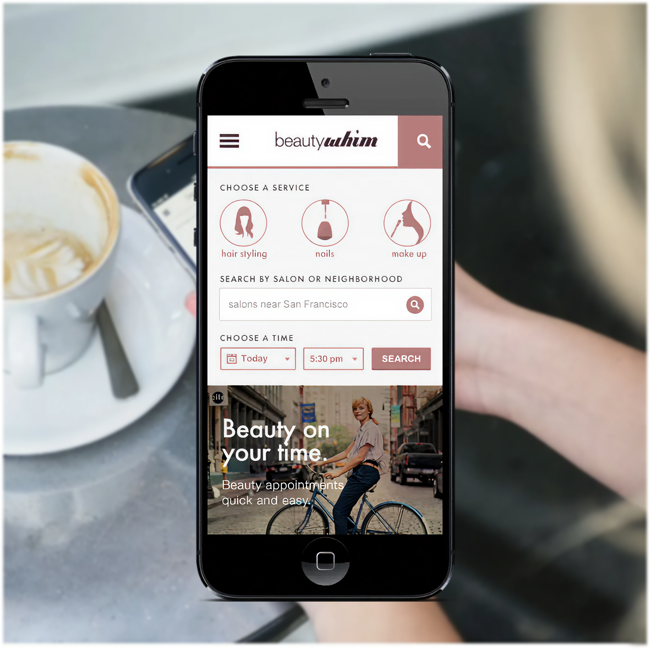 Screenshots of a mobile app interface for booking beauty services, showing options for hair styling, nails, and makeup, with search filters for salon location and appointment time.
