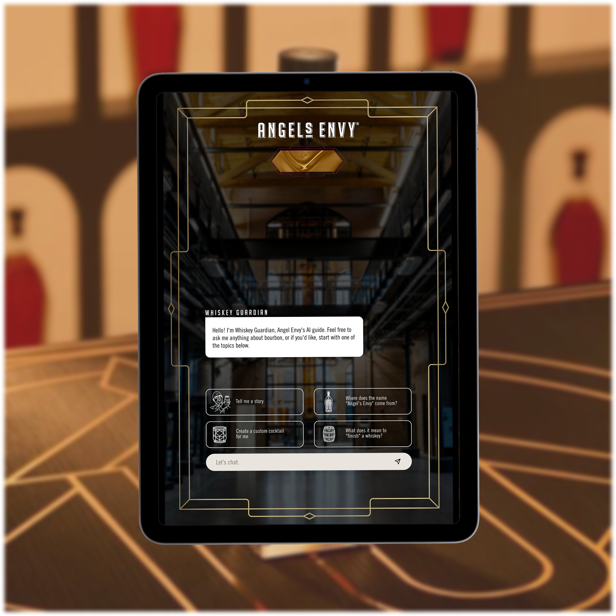 Tablet screen displaying a chat interface with Whiskey Guardian in front of a bar interior.