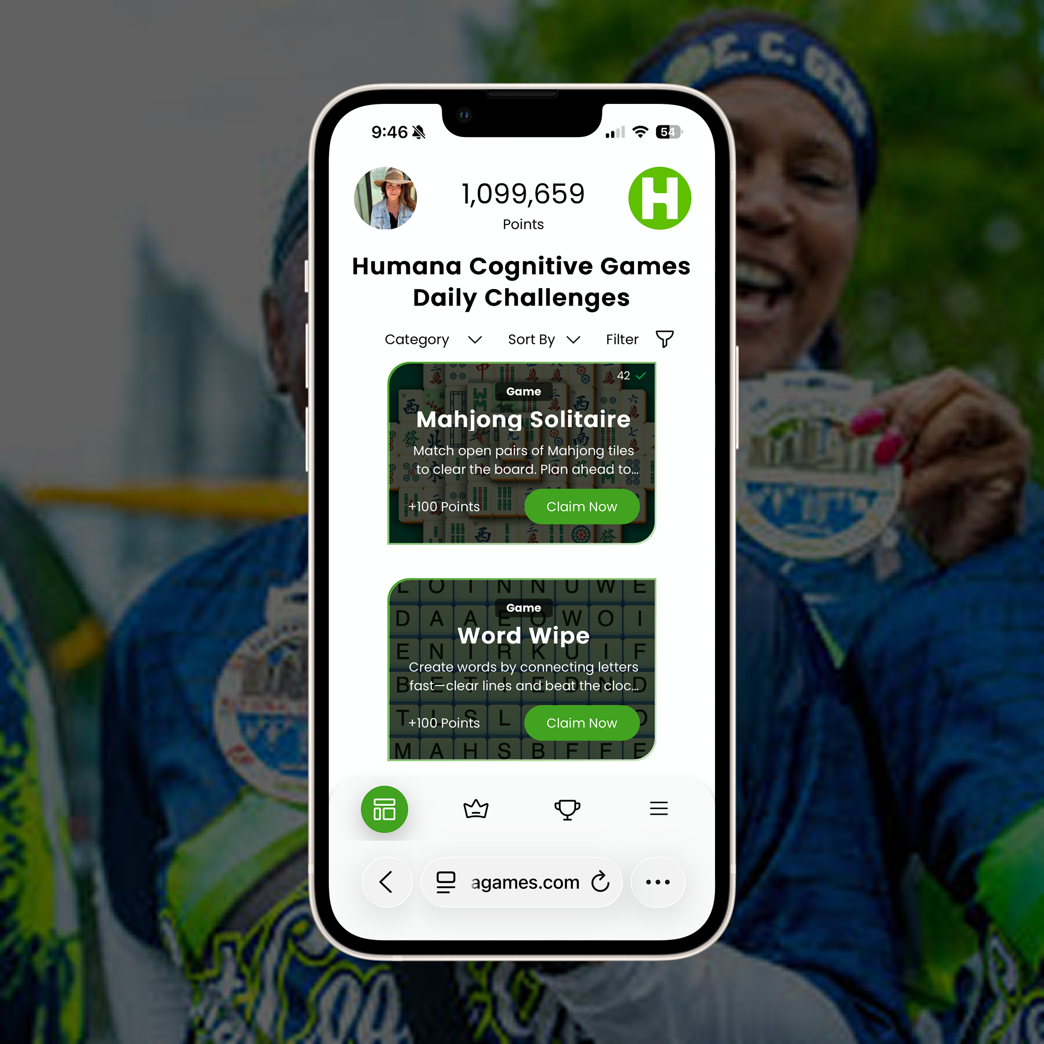 Smartphone displaying the Humana Cognitive Games Daily Challenges app with games like Mahjong Solitaire and Word Wipe, featuring green 'Claim Now' buttons.