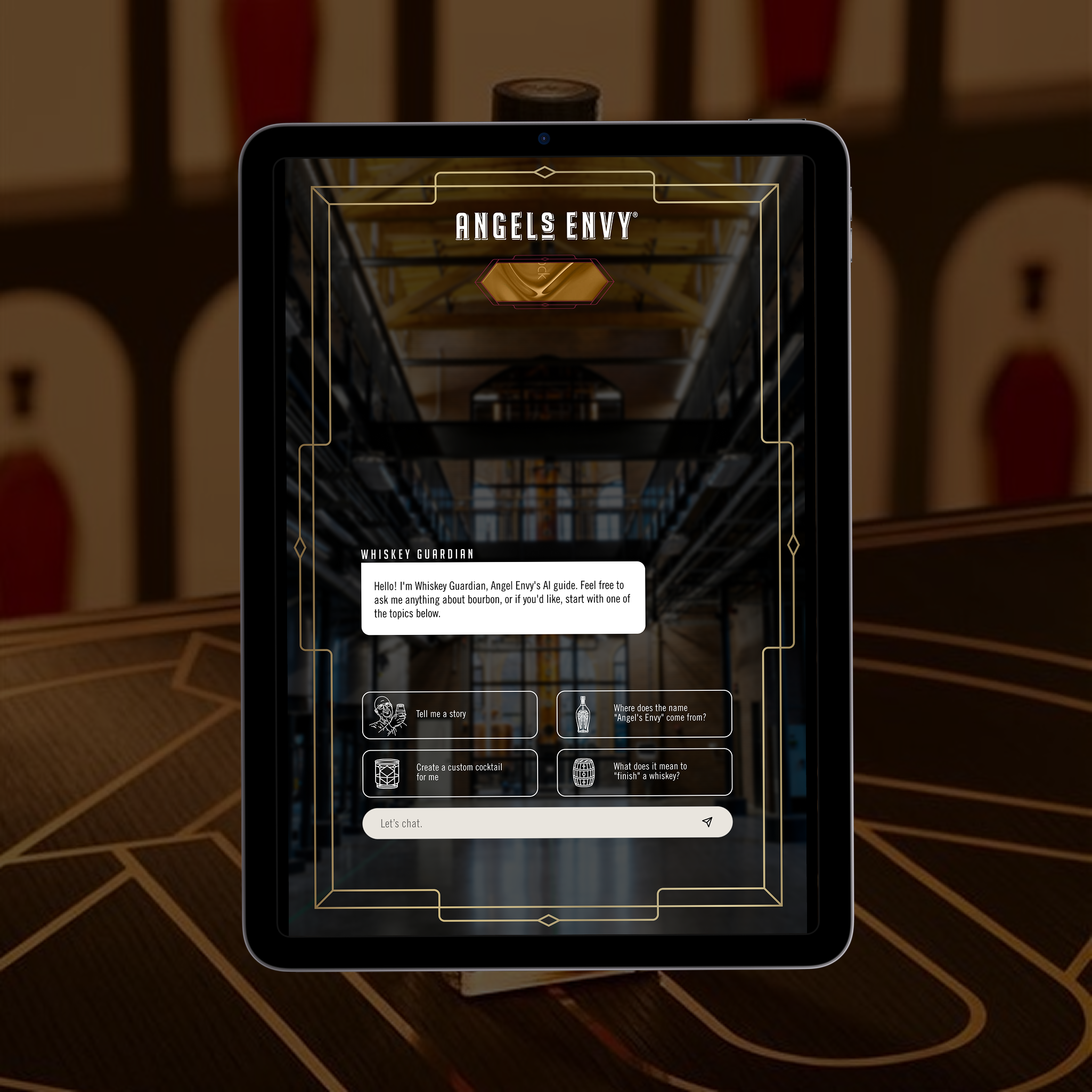 Tablet screen displaying a chat interface with Whiskey Guardian in front of a bar interior.
