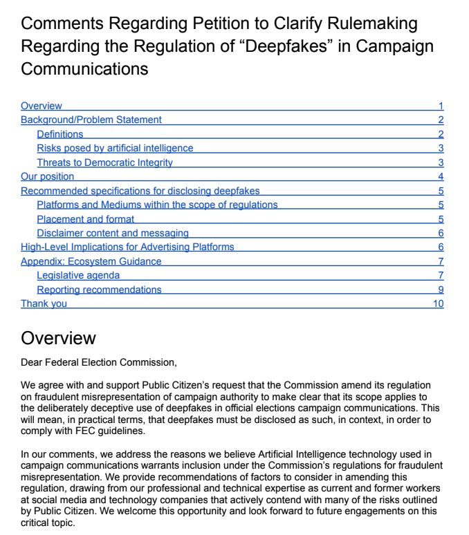  Eric Davis, Diane Chang, Lucia Gamboa, Amari Cowan, Swapneel Mehta, Nichole Sessego, and David Evan Harris  wrote an official letter to the FEC  on  Election Deepfakes . Here’s  Eric explaining the concepts behind what they were thinking . 