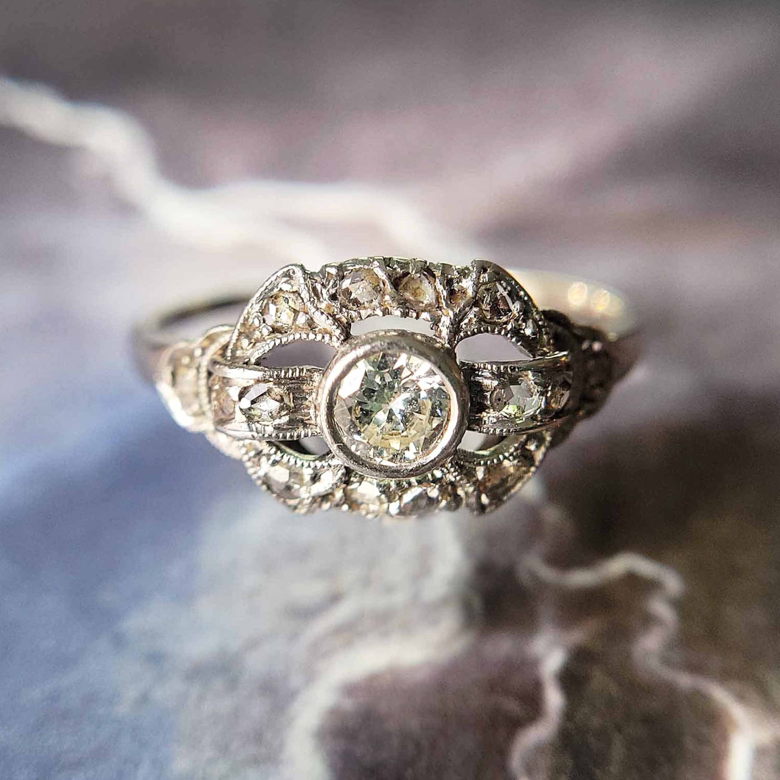 1920s Floral Engraved Diamond Engagement Ring – Vintage Diamond Ring